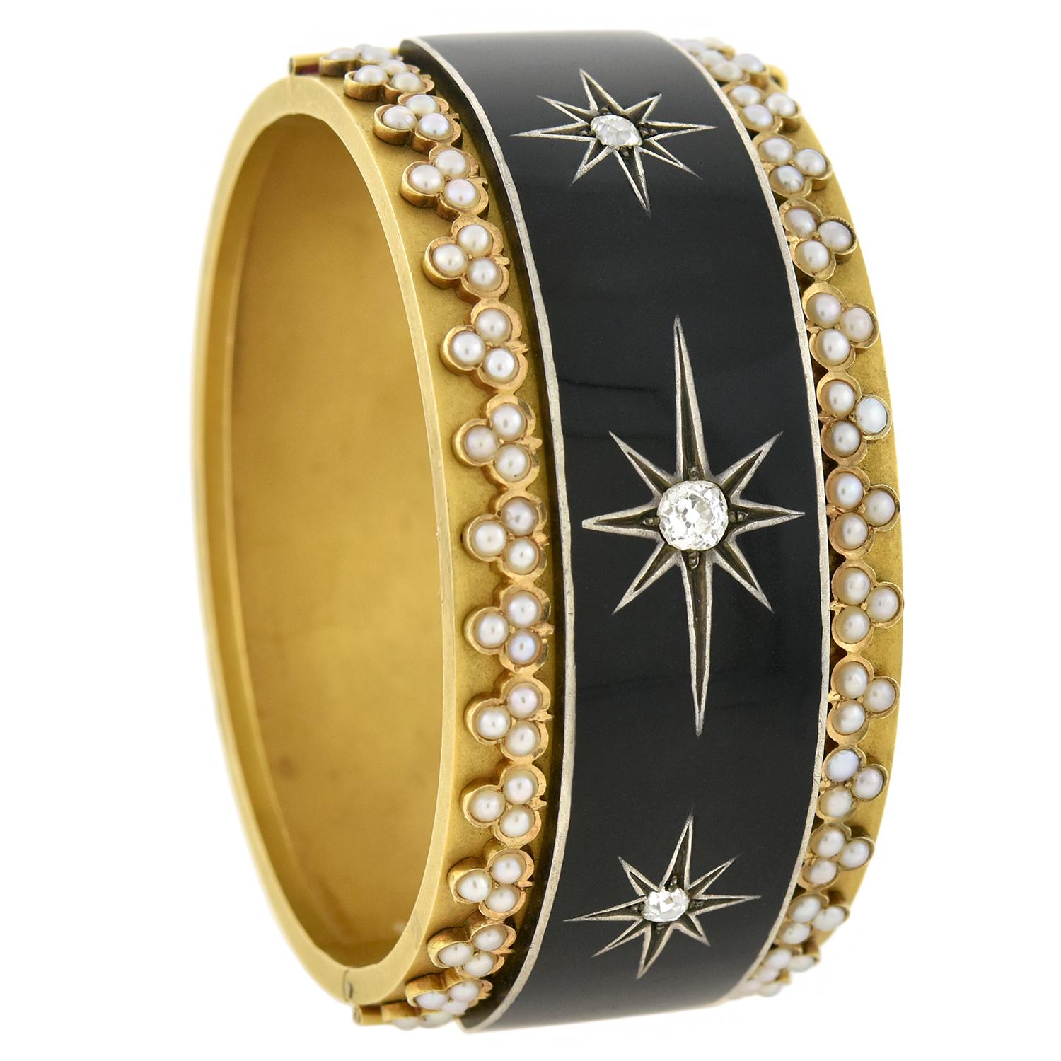 Victorian Yellow Gold Enameled Diamond and Pearl Starburst Motif Bangle Bracelet For Sale 1