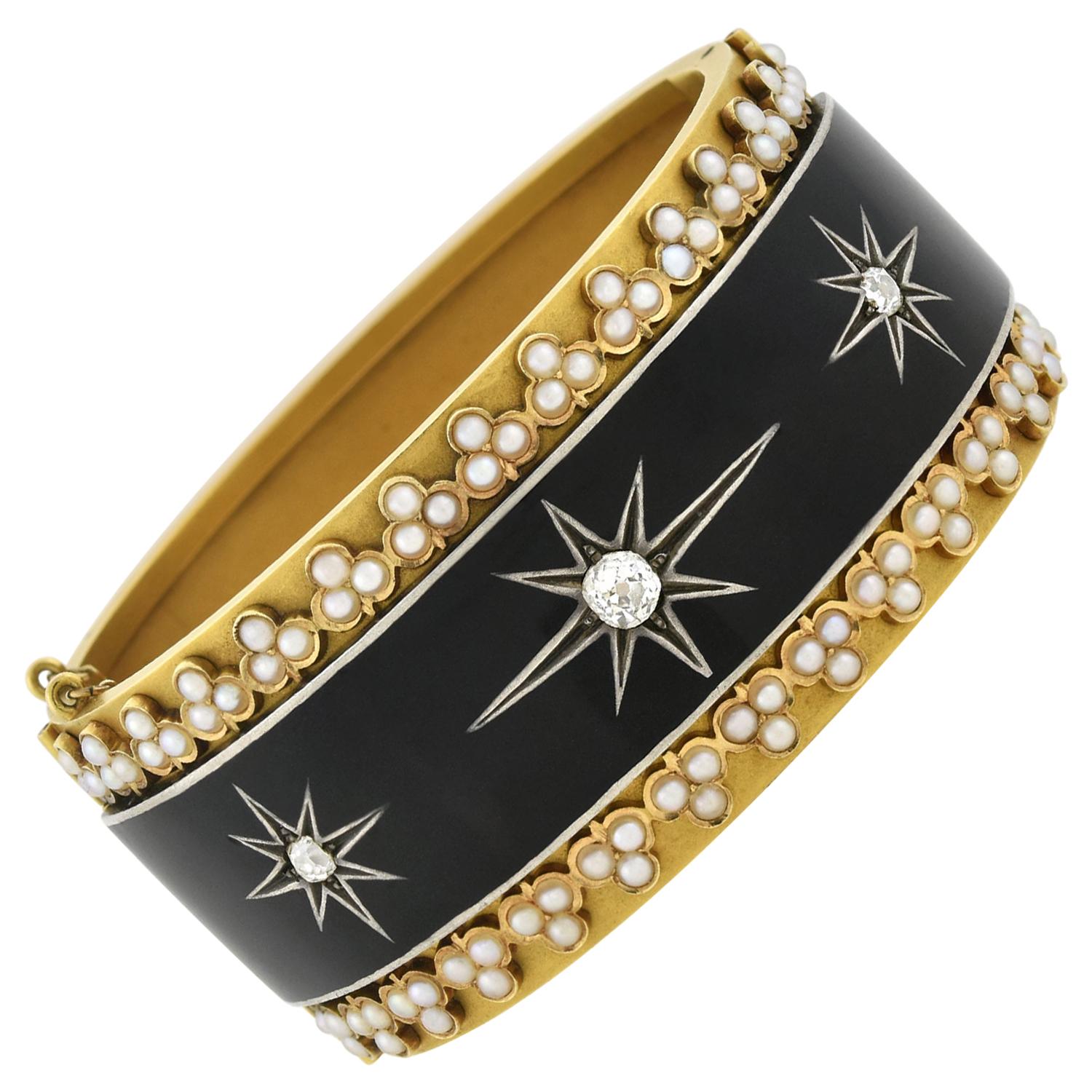 Victorian Yellow Gold Enameled Diamond and Pearl Starburst Motif Bangle Bracelet For Sale