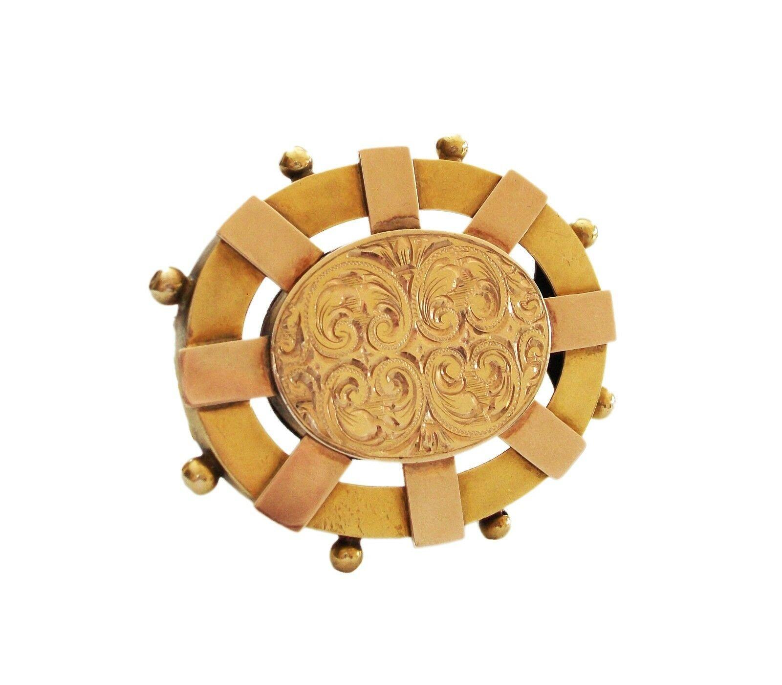 Women's or Men's Victorian Yellow Gold Etruscan Revival Tooled Brooch with Locket, Circa 1860's For Sale