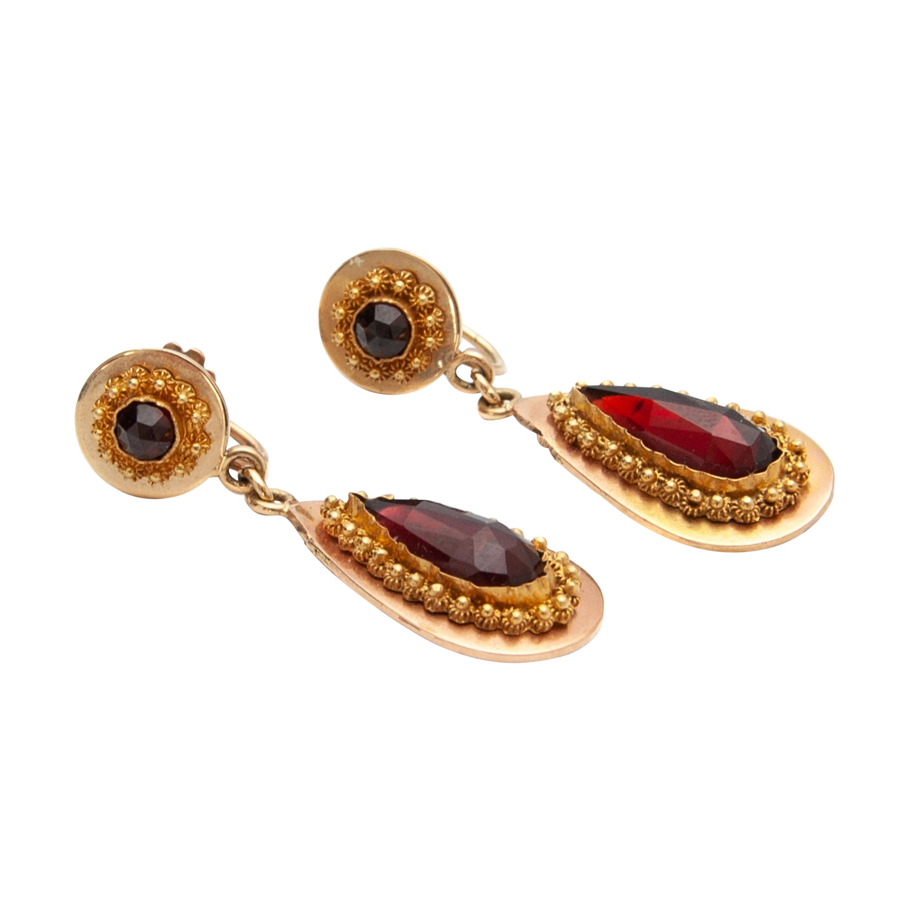 Victorian Garnet Yellow Gold Cannetille Dangle Earrings
