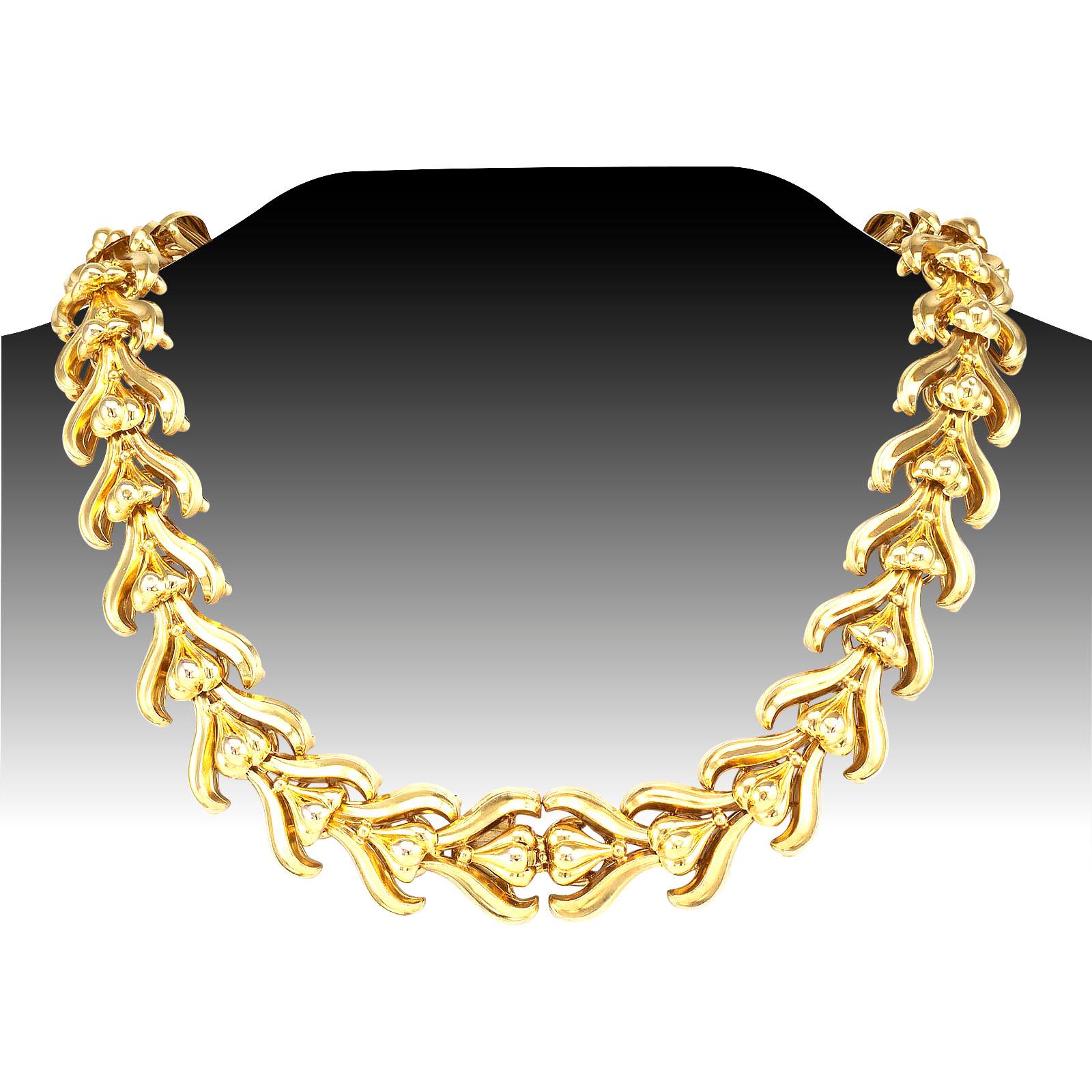 Victorian transformable yellow gold link necklace or twin bracelets circa 1890.

DETAILS:
METAL: 14-karat yellow gold.
MEASUREMENTS: necklace has an extender section, visible in photographs, and can be worn at two different lengths 16” (40.6 cm) or
