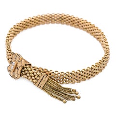 Victorian Yellow Gold Mesh Tassel Slide Bracelet with Seed Pearls and Enamel