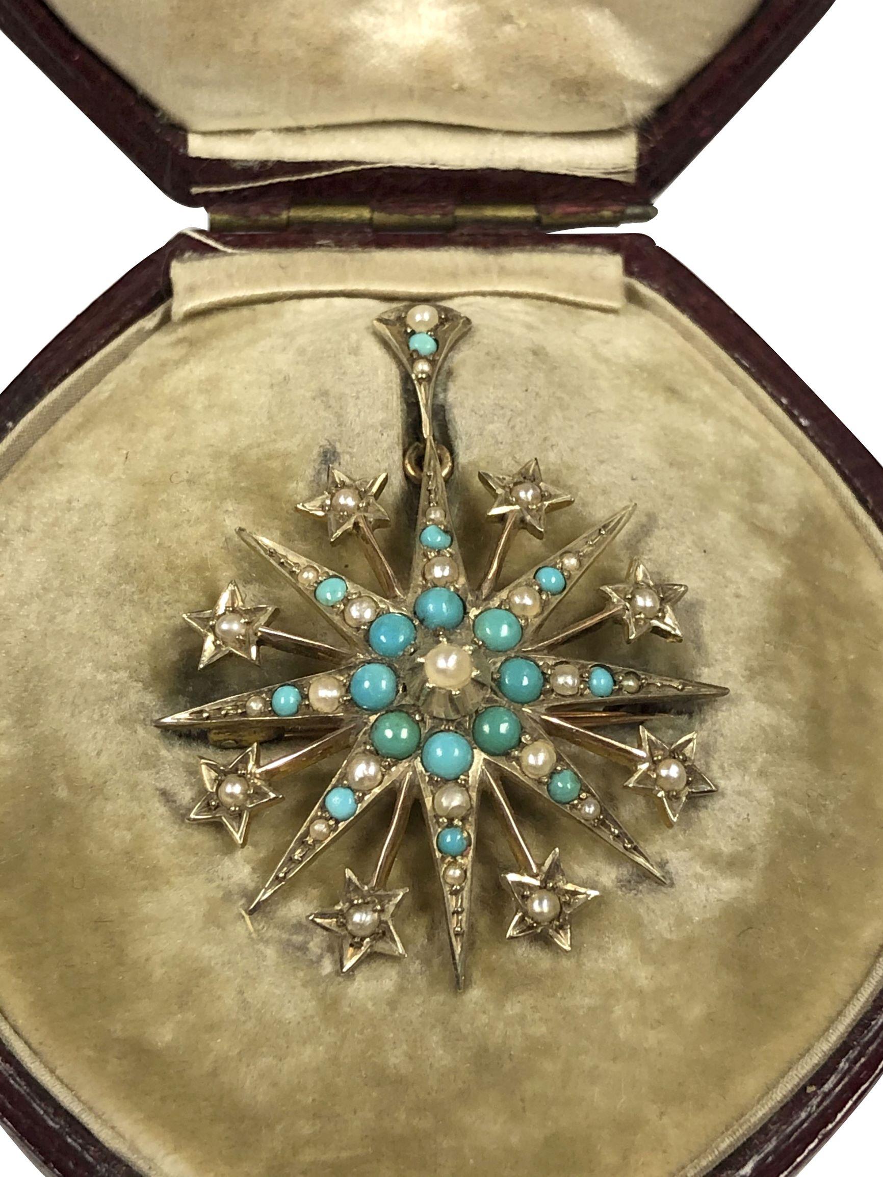 Circa 1900 Star Burst form Brooch Pendant, 9 Karat Yellow Gold and measuring 1 5/8 inches in length and 1 1/4 inches wide. Set with Turquoise and Pearls. Comes in original fitted presentation box of the original Jeweler from Liverpool England.
