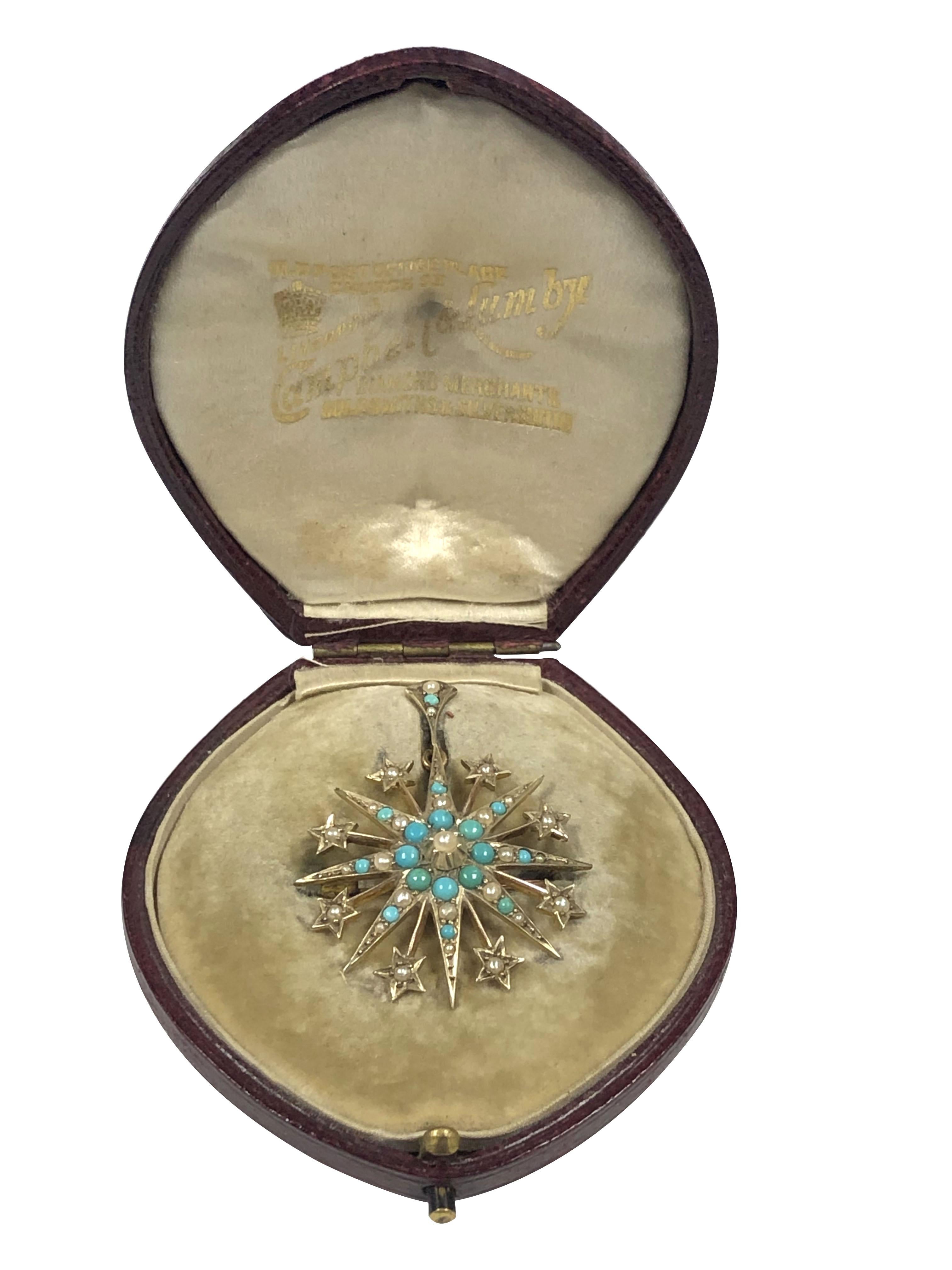 Women's or Men's Victorian Yellow Gold Pearl and Turquoise Pendant Brooch in Original Fitted Box
