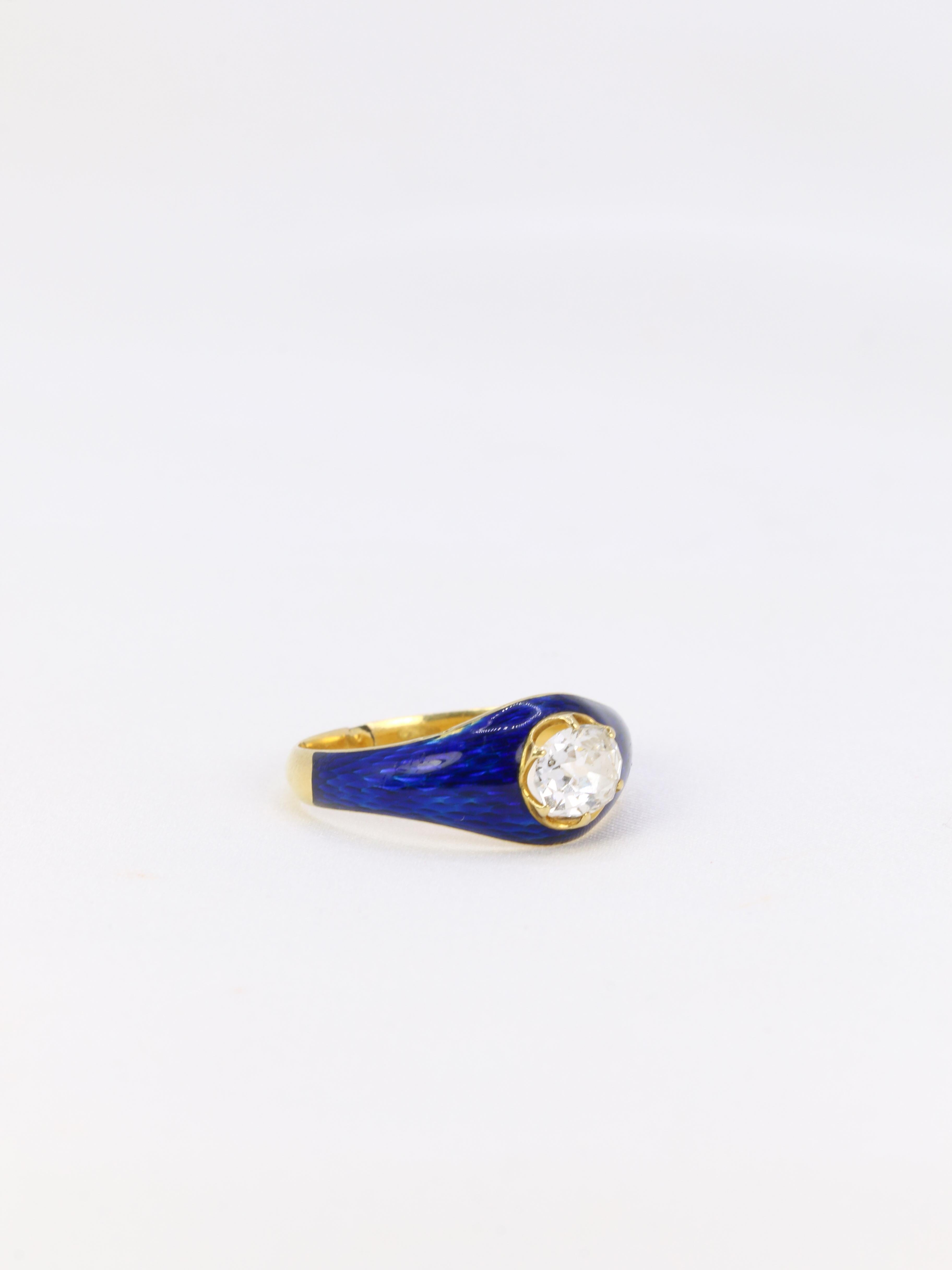 Old Mine Cut Victorian yellow gold ring with blue enamel and 0.9 ct old mine cut diamond For Sale