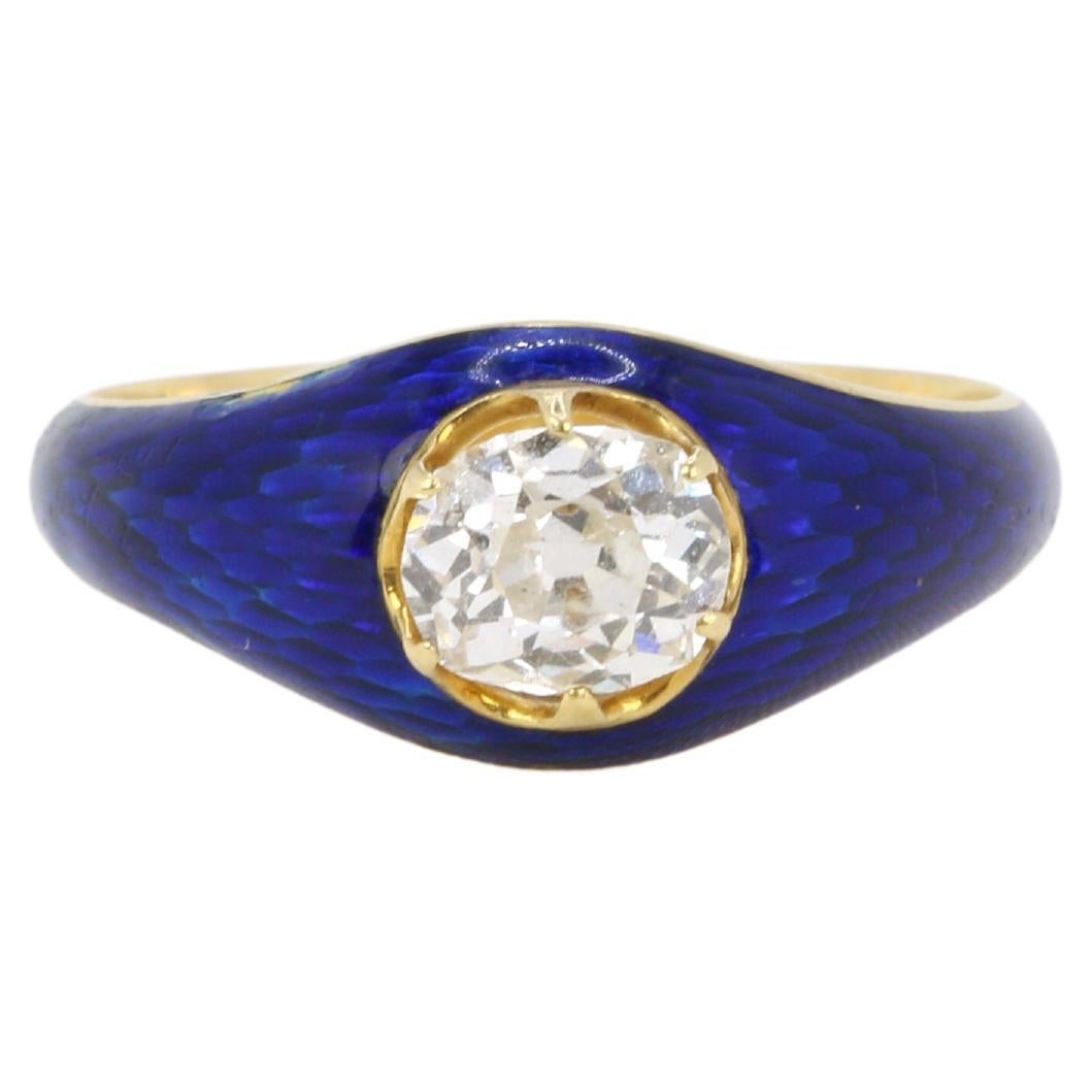 Victorian yellow gold ring with blue enamel and 0.9 ct old mine cut diamond For Sale