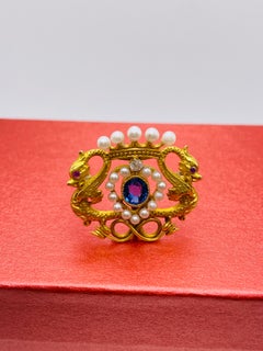 Victorian Sapphire, Diamond, Ruby and Pearl Yellow Gold Dragon Crown Brooch
