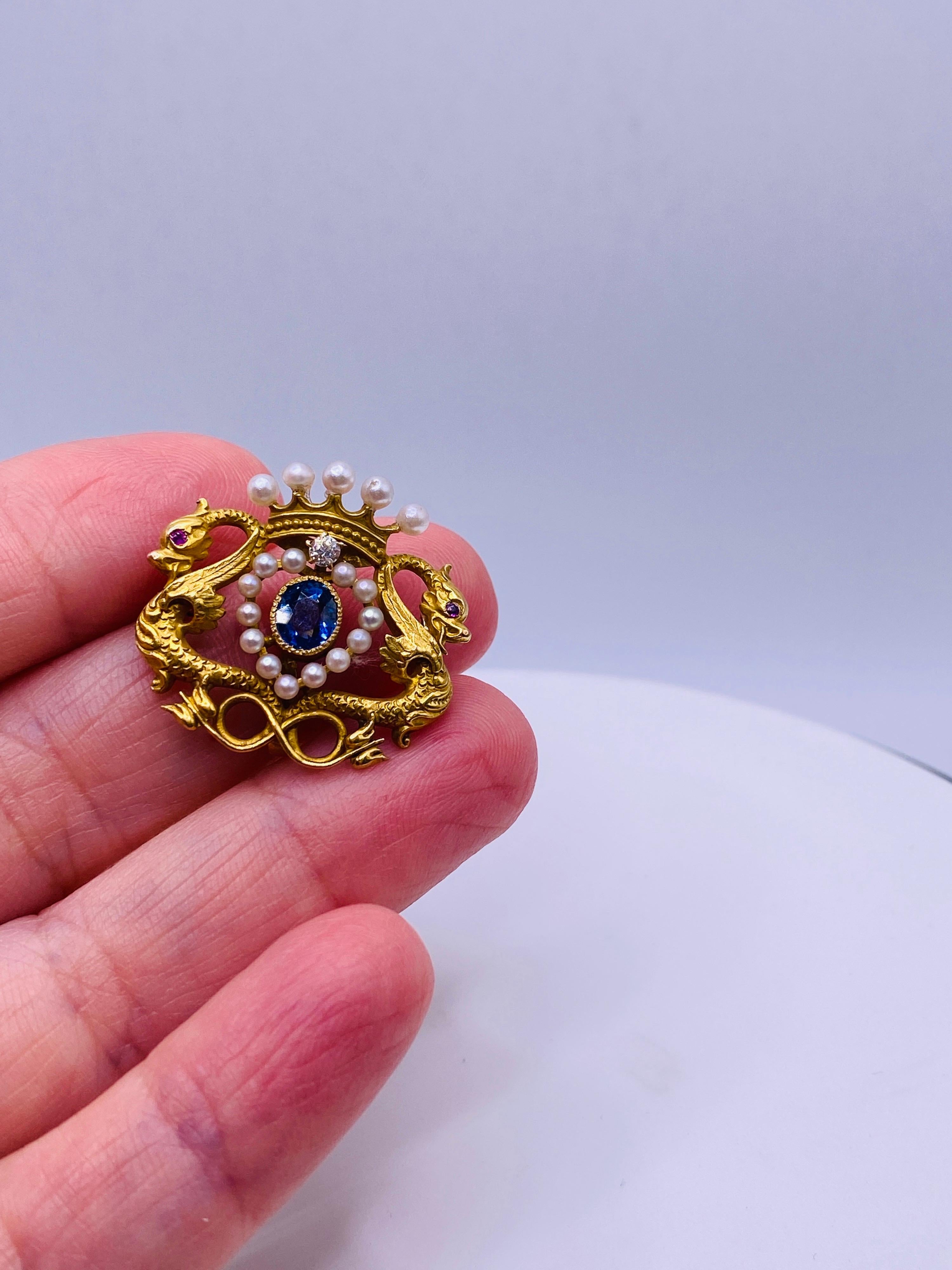 Old Mine Cut Victorian Sapphire, Diamond, Ruby and Pearl Yellow Gold Dragon Crown Brooch