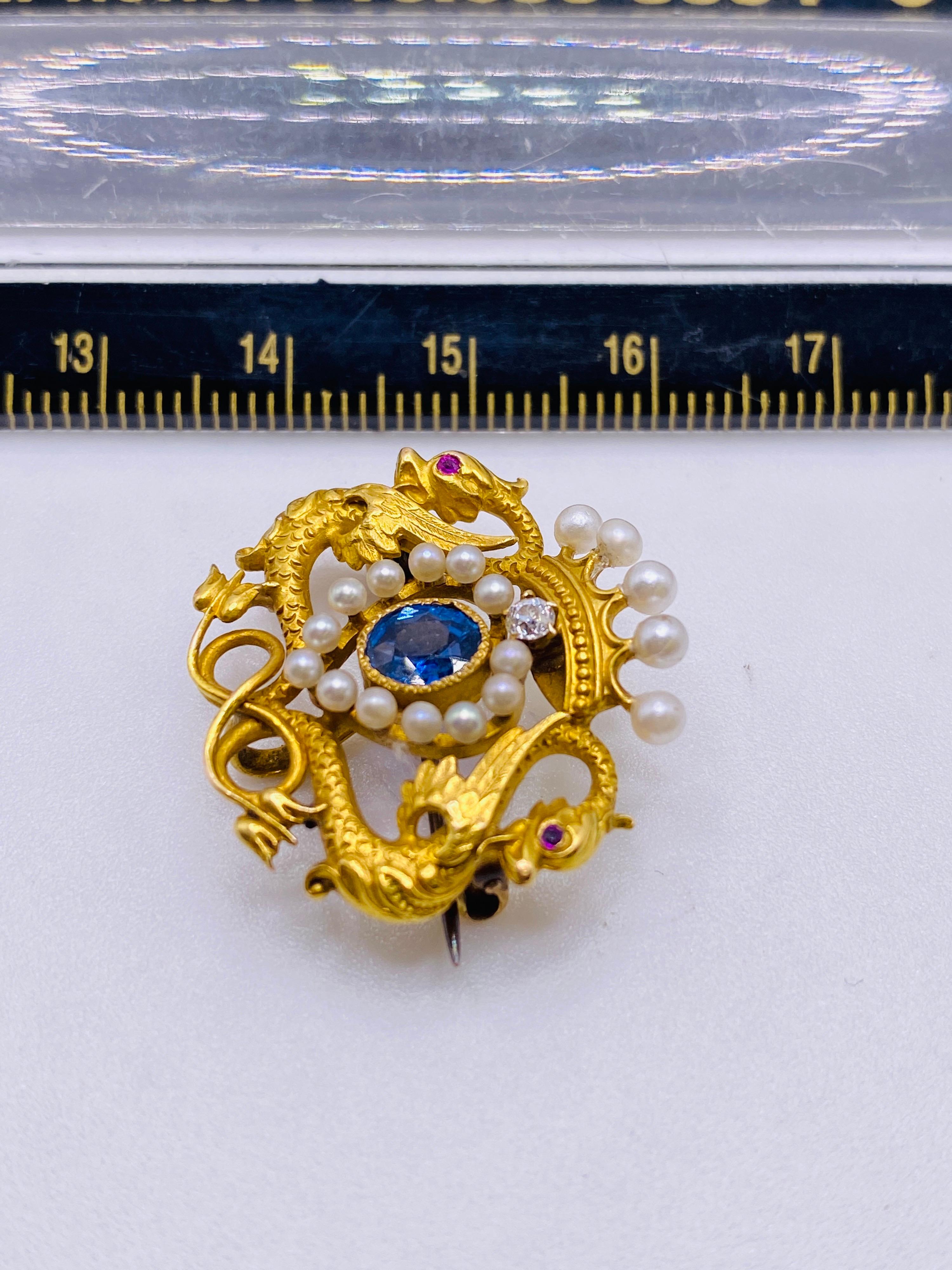 Women's or Men's Victorian Sapphire, Diamond, Ruby and Pearl Yellow Gold Dragon Crown Brooch