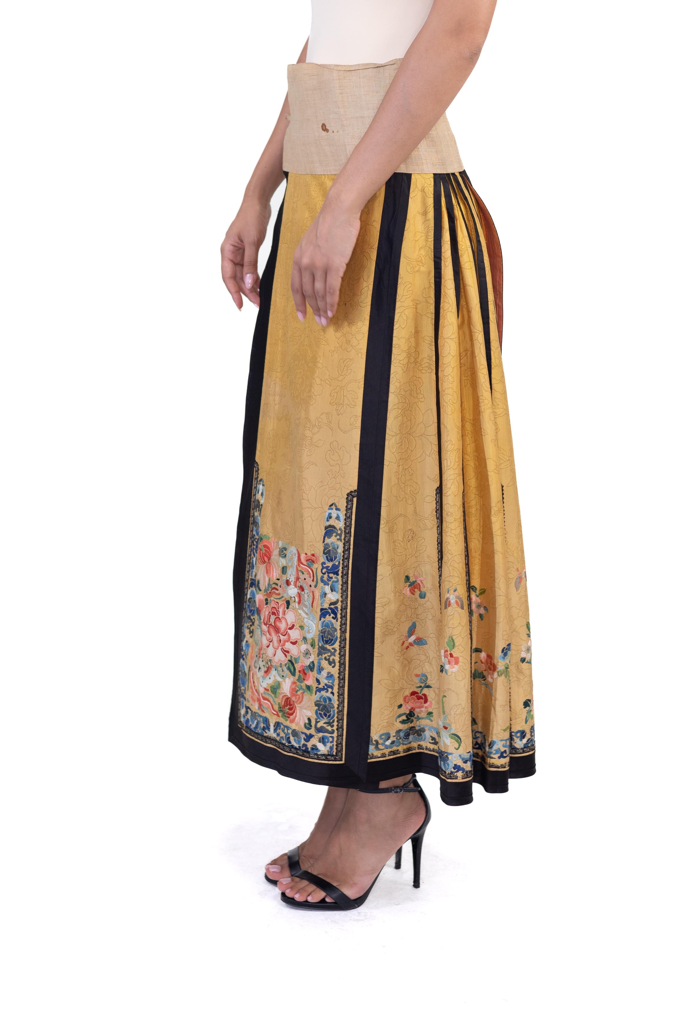 this is a wrap skirt, the measurements are the full fabric length. made to be secured with a sash or tie.  Victorian Yellow Hand Embroidered Silk Antique Chinese Skirt 