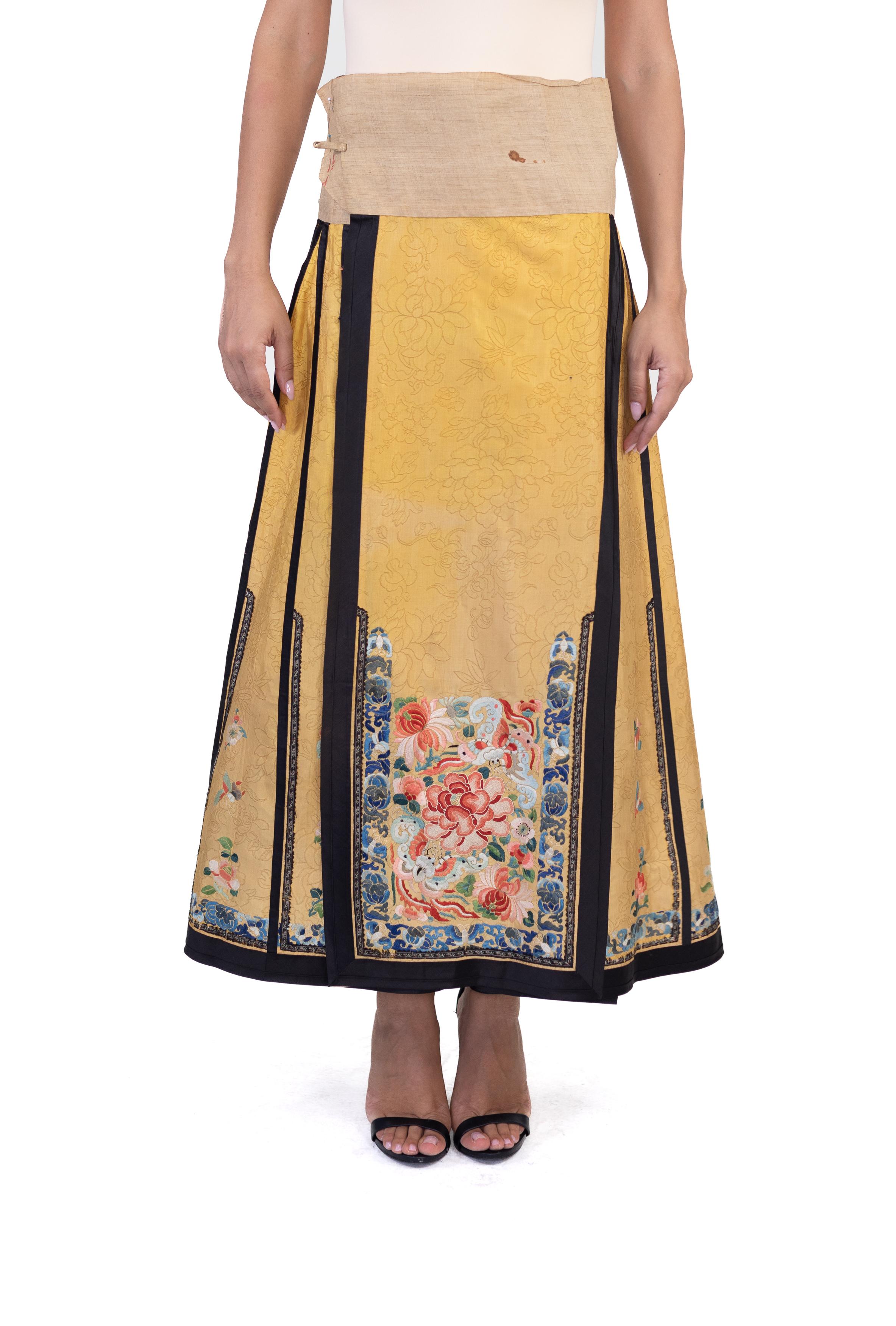 Beige Victorian Yellow Hand Embroidered Silk Antique Chinese Skirt For Sale