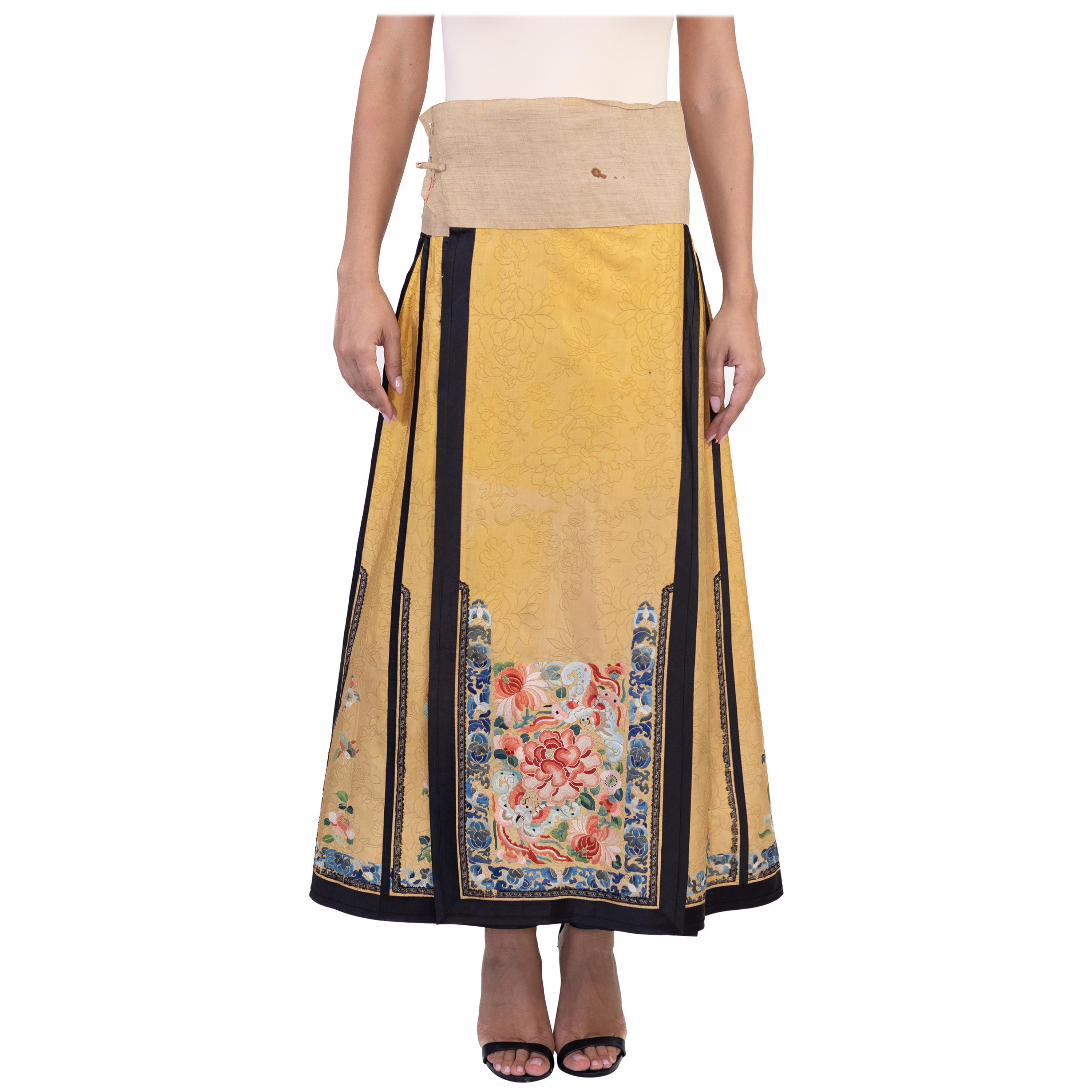 Victorian Yellow Hand Embroidered Silk Antique Chinese Skirt