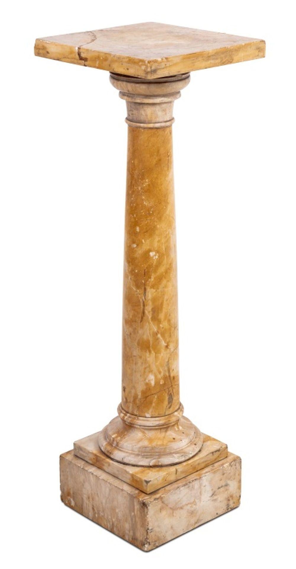 Victorian Yellow Marble Pedestal, late 19th century, with a square revolving top, tapering column on stepped square plinth. 42