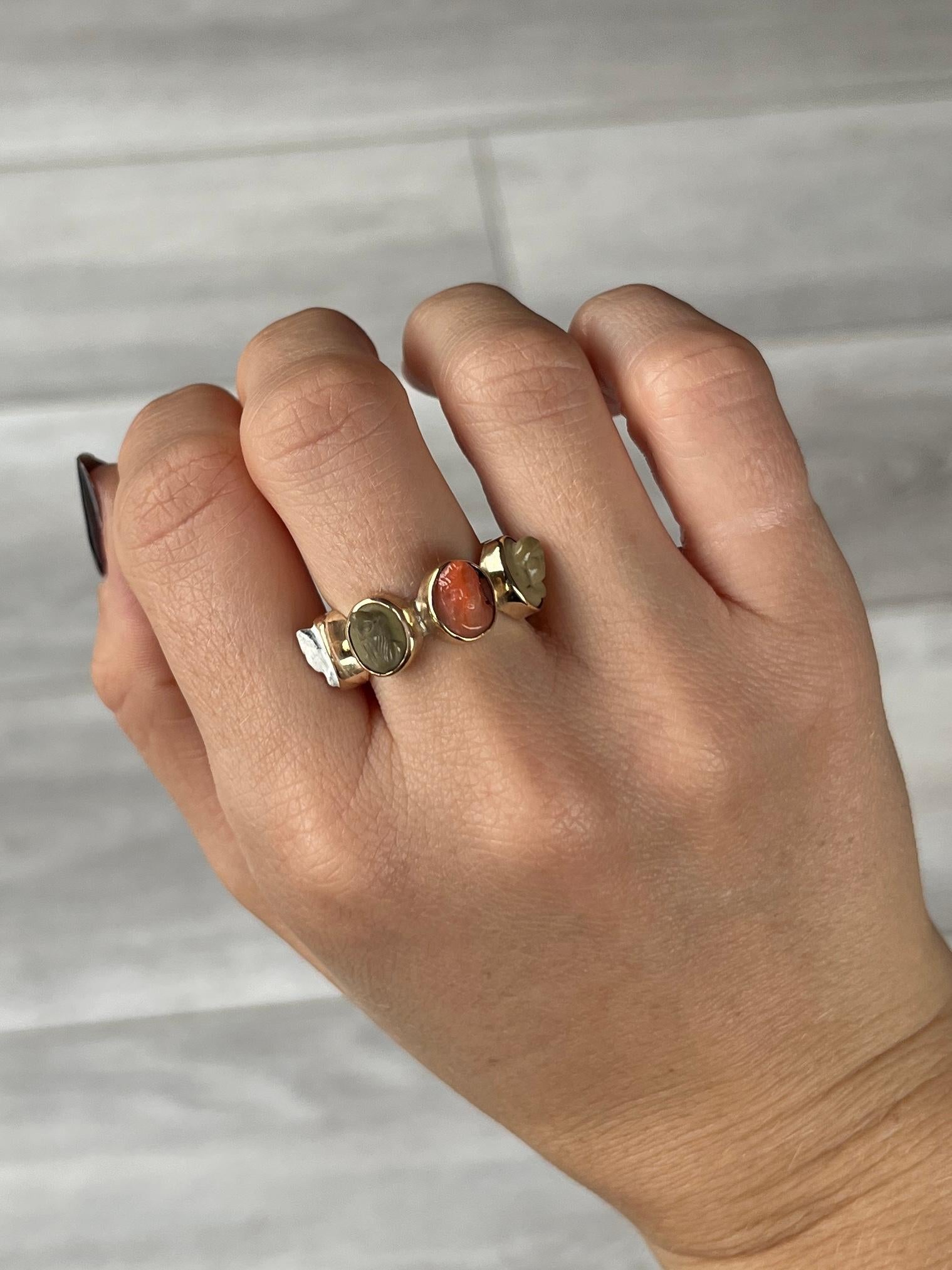 Victorian Yellow Metal Carved Head Ring For Sale 1