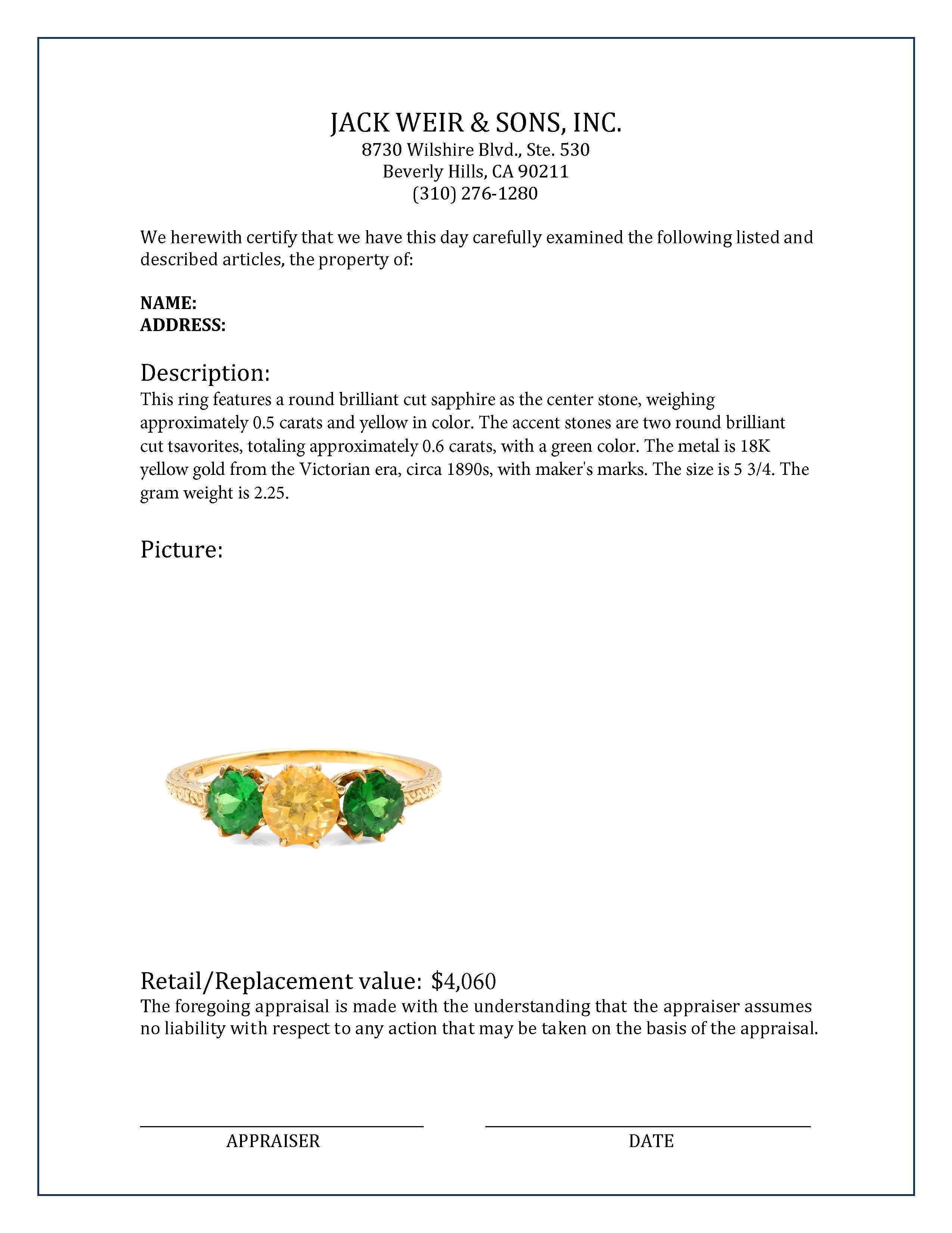 Viktorianischer Gelb Saphir Tsavorit 18K Gelbgold Drei Stein Ring im Zustand „Hervorragend“ in Beverly Hills, CA