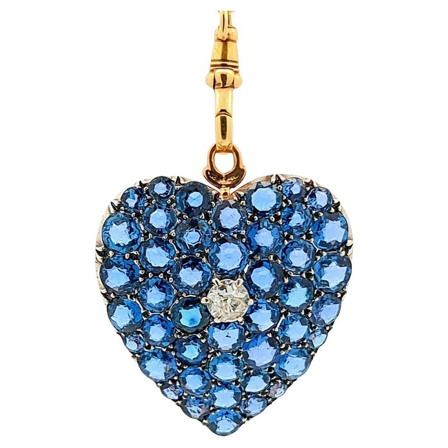 Victorian Yogo Gulch Montana Sapphire & Diamond Heart Pendant For Sale