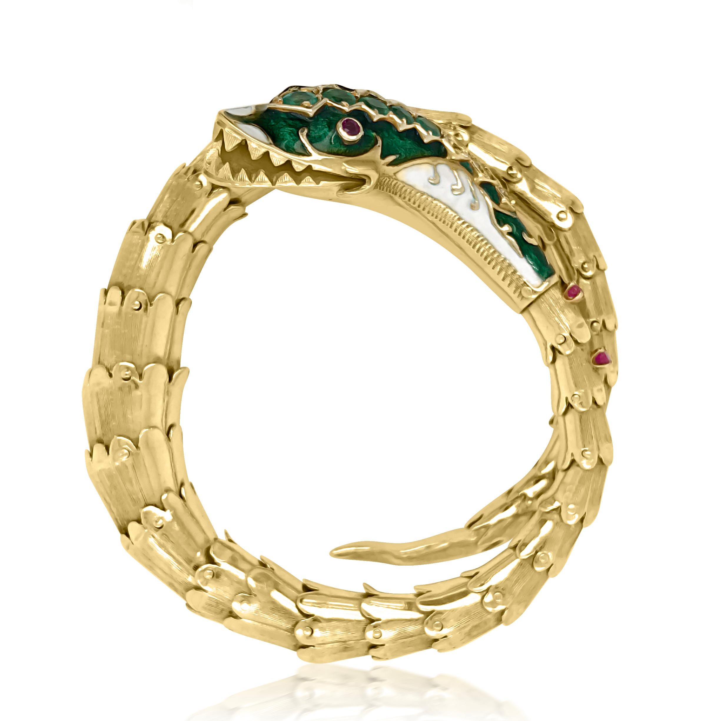 Women's Victorian 14 Karat Gold Diamond and Emerald Enameled Snake Bracelet