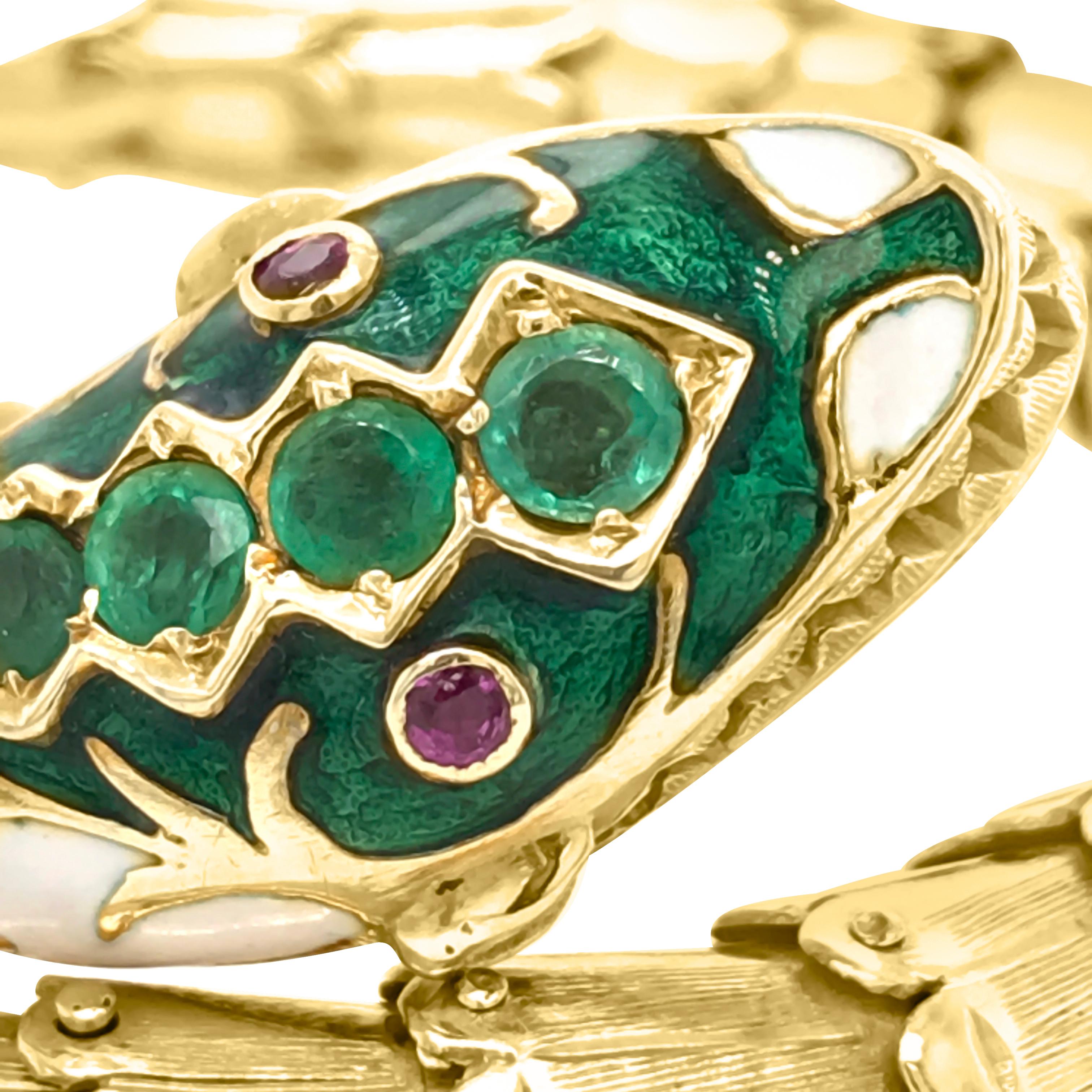 Victorian 14 Karat Gold Diamond and Emerald Enameled Snake Bracelet 1