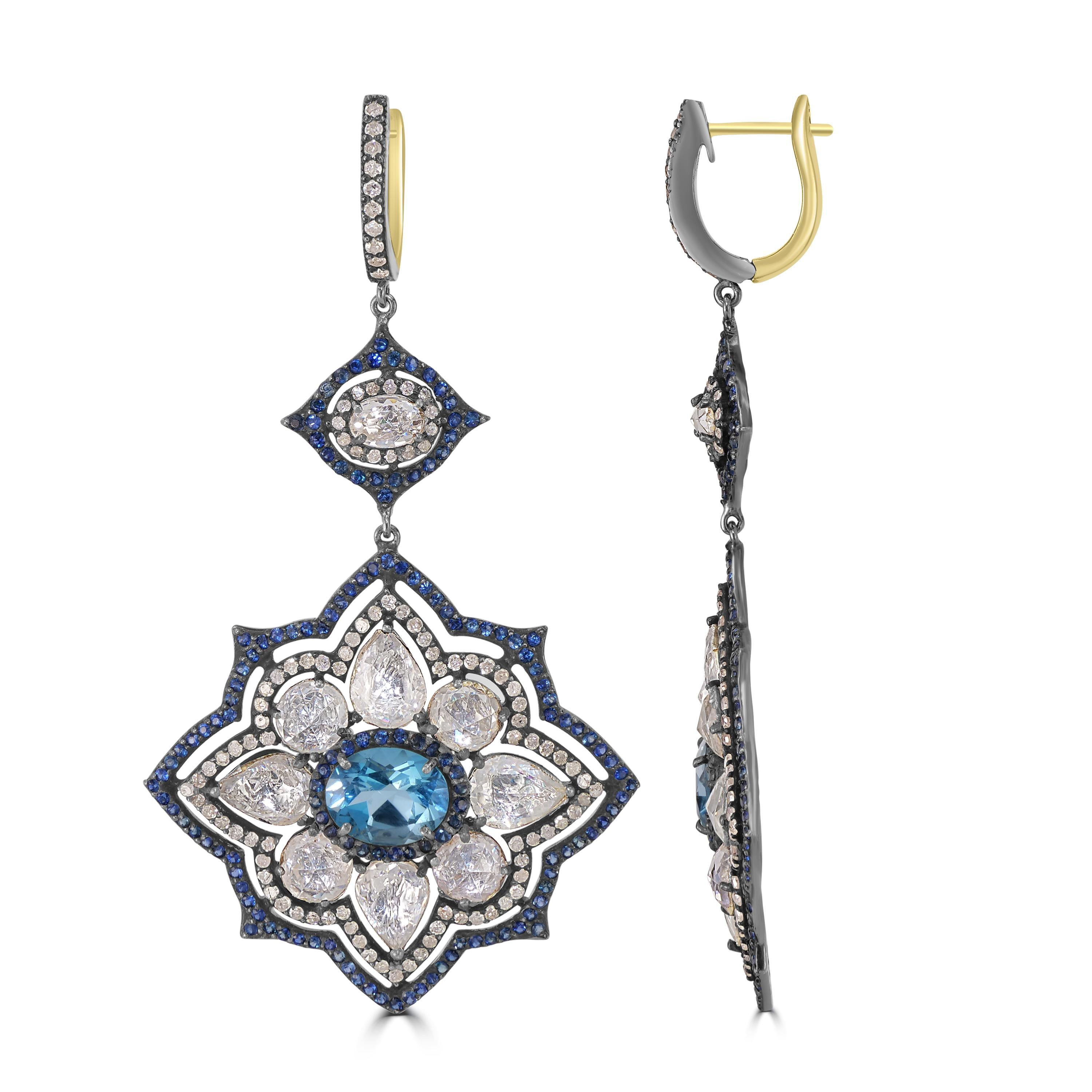 Oval Cut Victorian.24.87 Cttw. Sapphire, Blue Topaz and Diamond Floral Dangle Earrings  For Sale