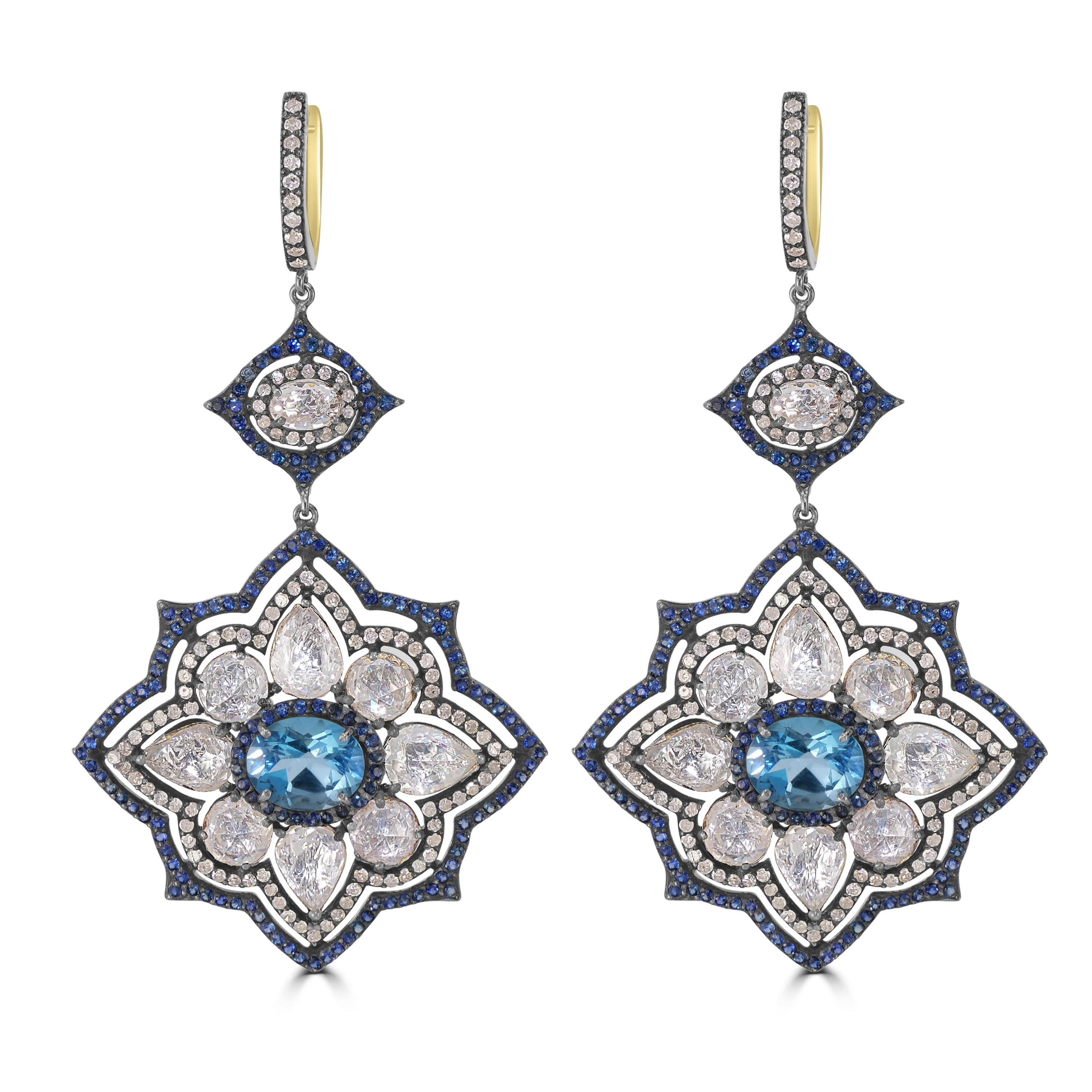 Victorian.24.87 Cttw. Ohrhänger mit Saphiren, blauem Topas und Diamanten mit Blumenmuster  (Ovalschliff) im Angebot