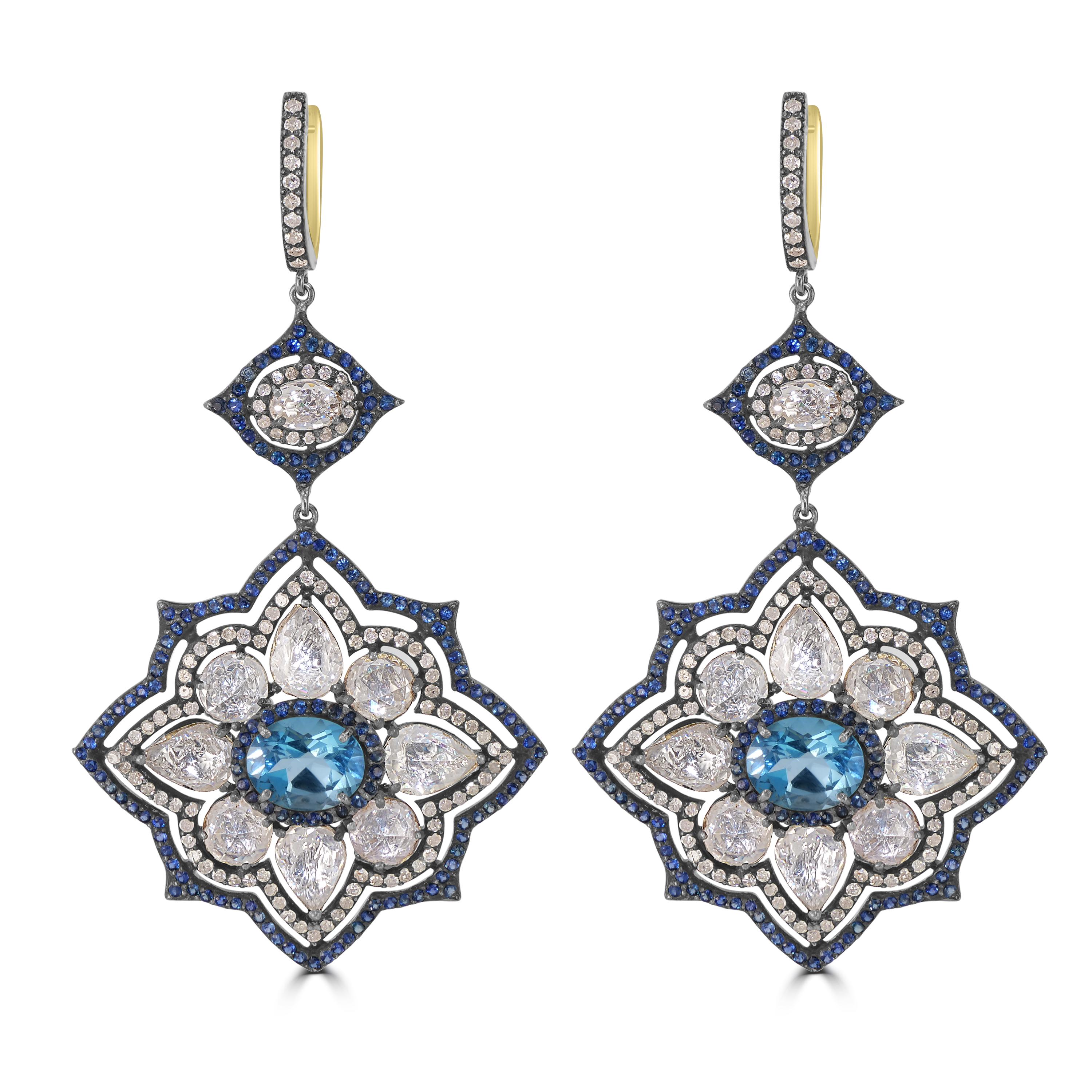 Taille ovale Victorian 25 ct. pt. Boucles d'oreilles en saphir naturel, topaze bleue/diamant 18 carats en vente