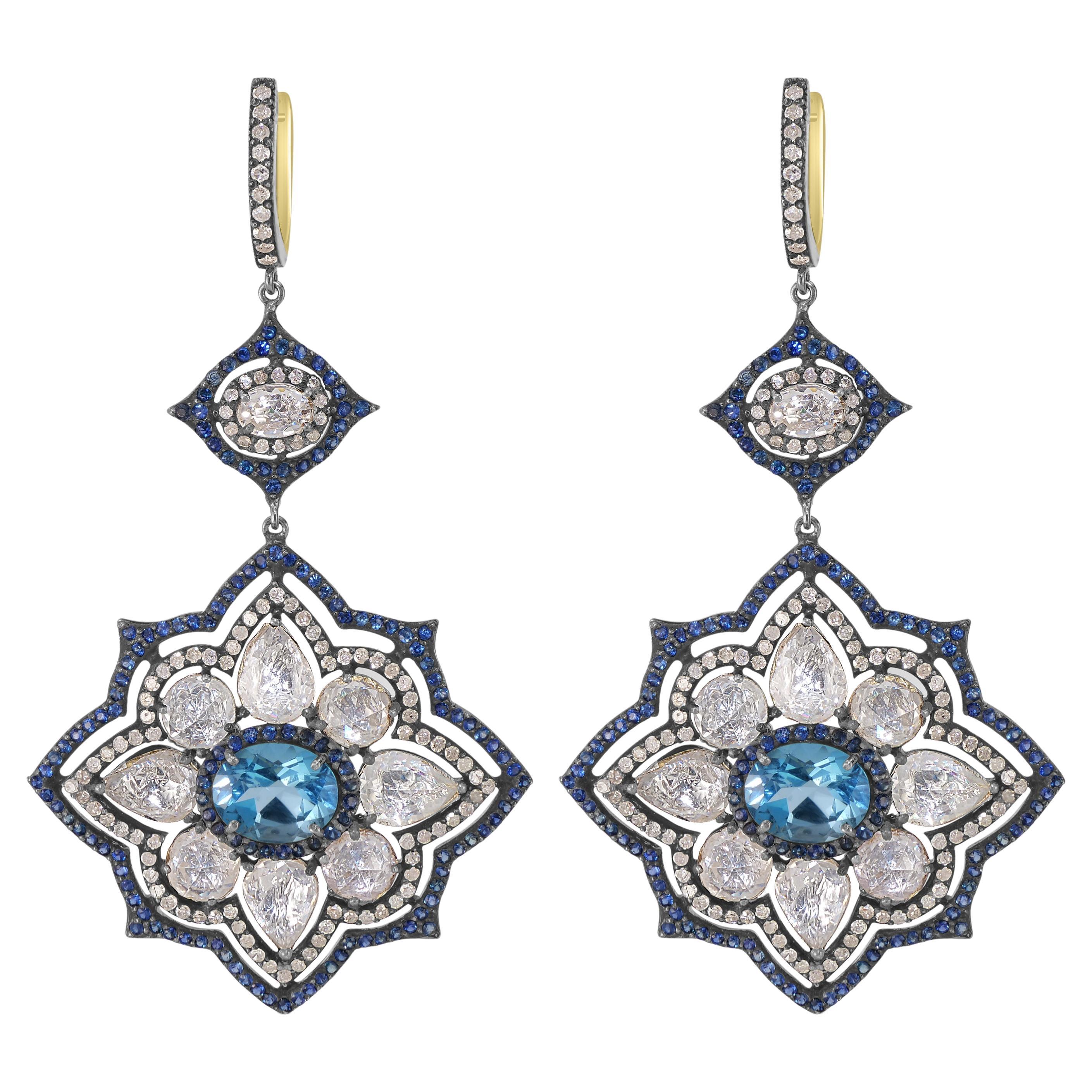 Victorian.24.87 Cttw. Sapphire, Blue Topaz and Diamond Floral Dangle Earrings  For Sale