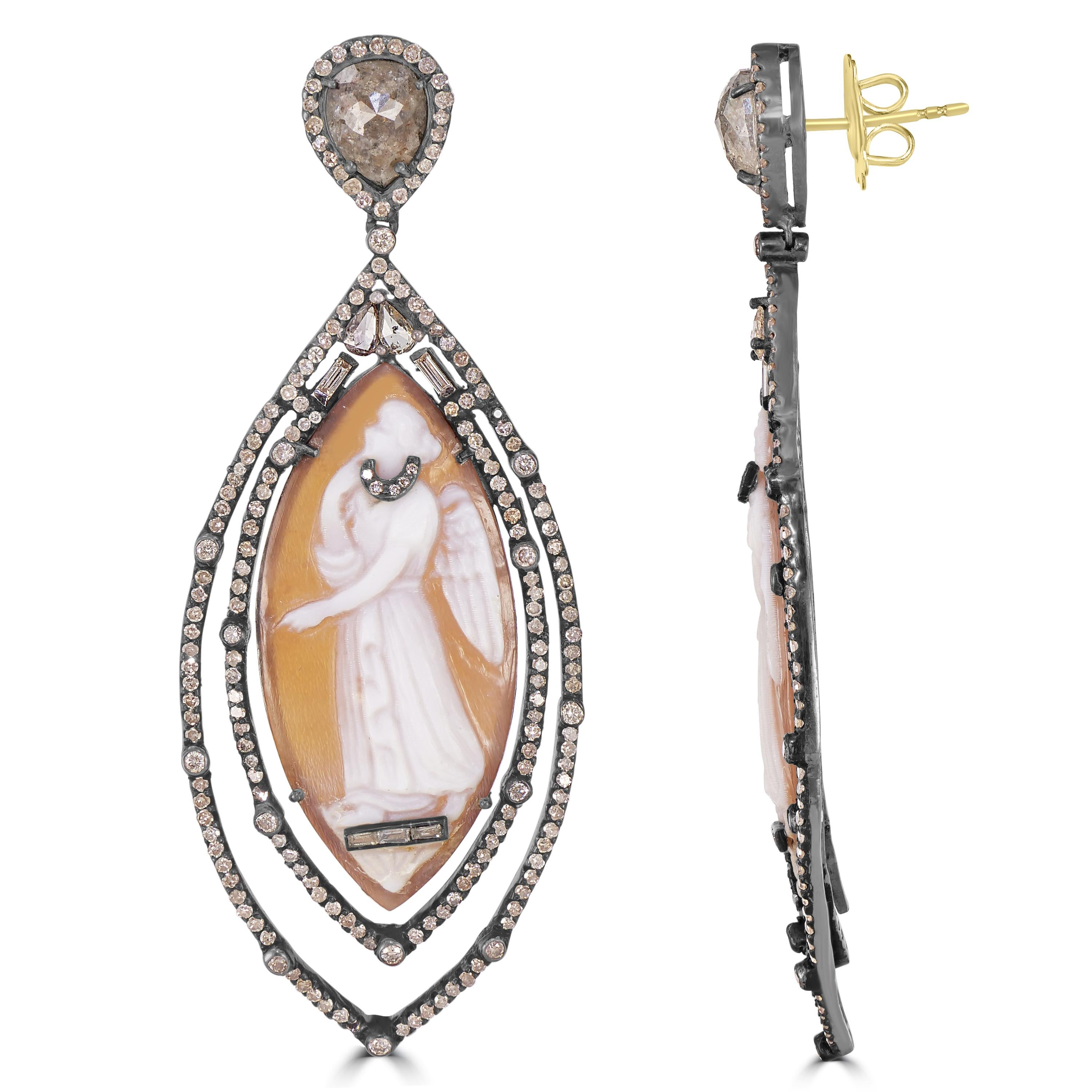 Pear Cut Victorian.28.57 Cttw. Brown Cameos and Diamond Marquise Drop Dangle Earrings  For Sale