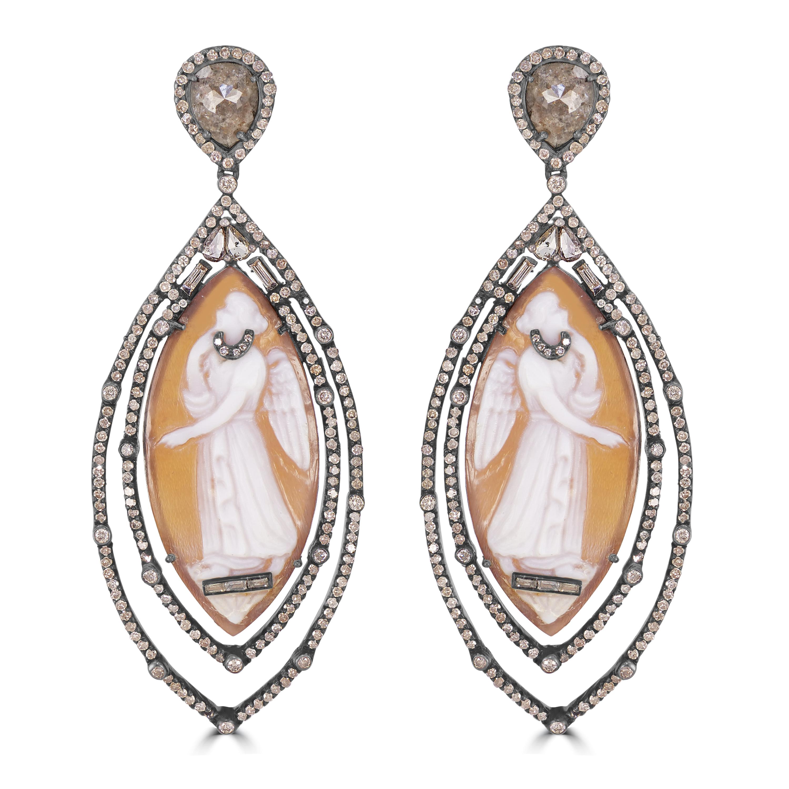 Victorian.28.57 Cttw. Brown Cameos and Diamond Marquise Drop Dangle Earrings  In New Condition For Sale In New York, NY