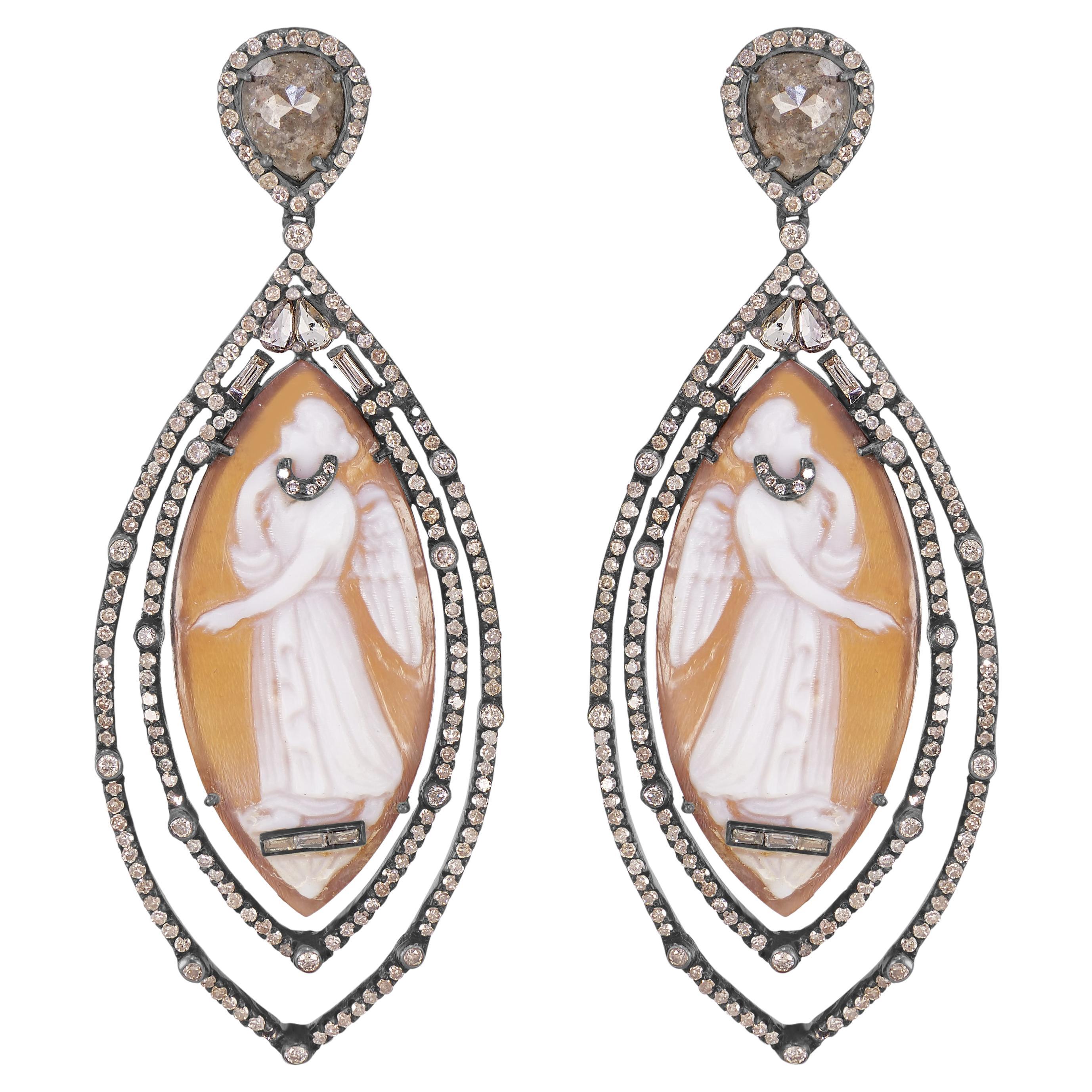 Victorian.28.57 Cttw. Brown Cameos and Diamond Marquise Drop Dangle Earrings  For Sale