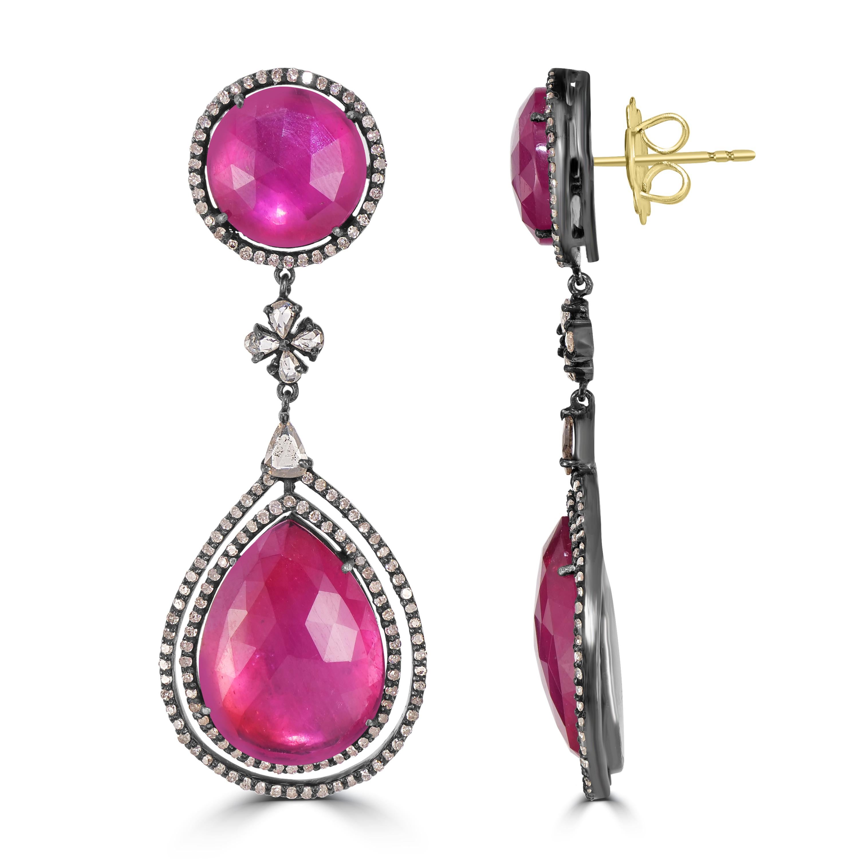 Pear Cut Victorian.39.62 Cttw. Ruby and Diamond Dangle Earrings  For Sale