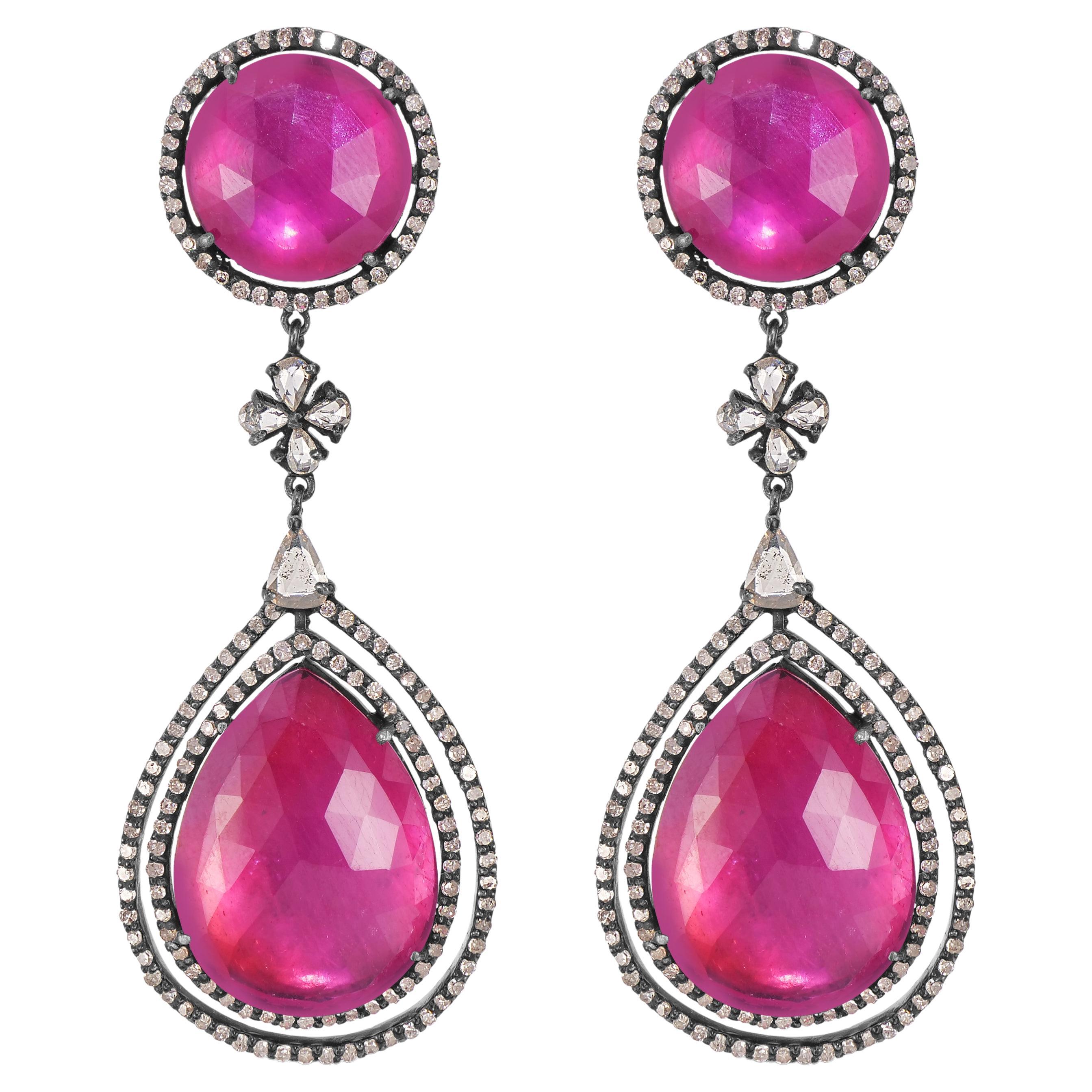Victorian.39.62 Cttw. Ruby and Diamond Dangle Earrings  For Sale