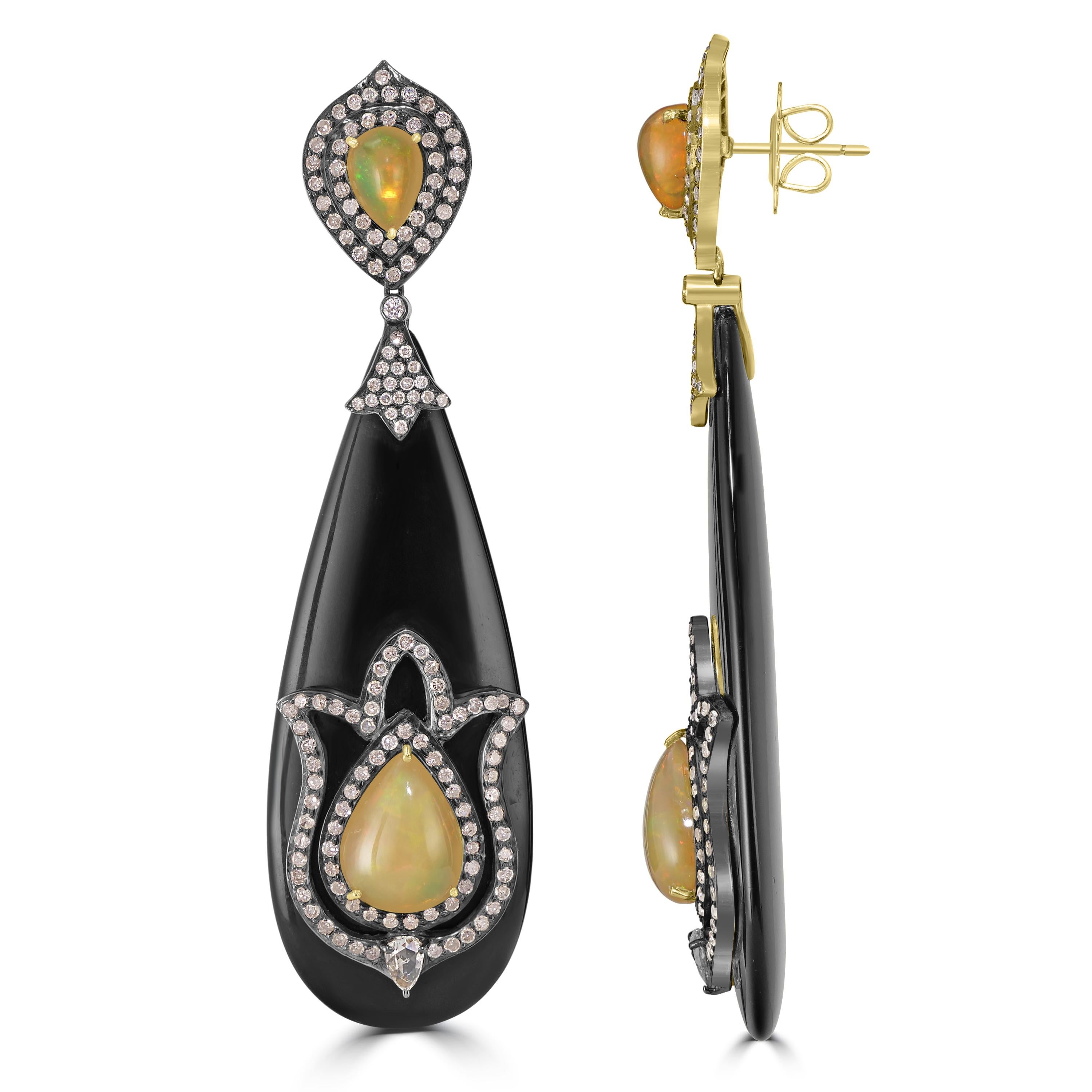 Pear Cut Victorian.44.8 Cttw. Black Onyx, Opal and Diamond Dangle Earrings in 18k Gold