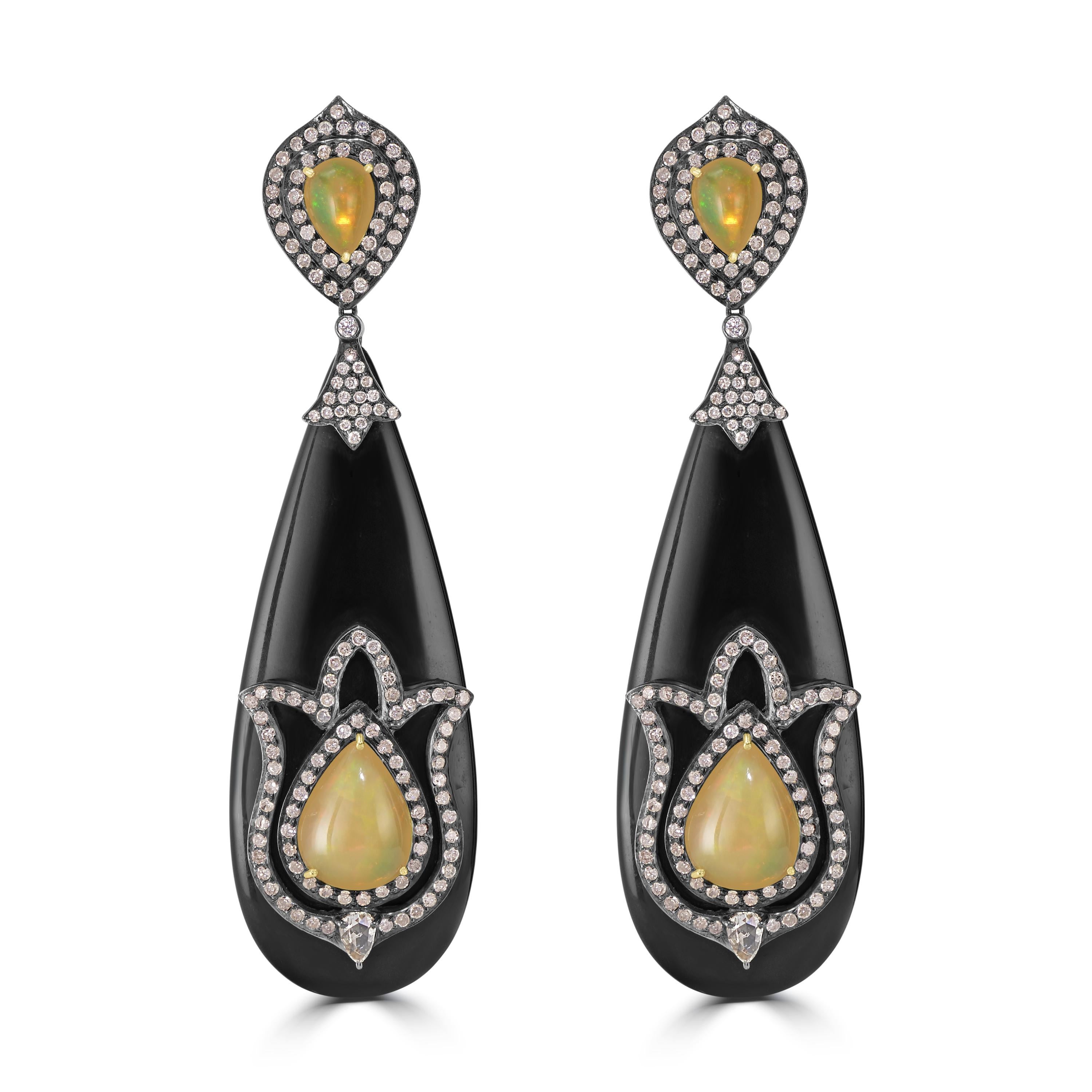 Victorian.44.8 Cttw. Black Onyx, Opal and Diamond Dangle Earrings in 18k Gold In New Condition In New York, NY