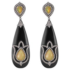 Victorian.44.8 Cttw. Black Onyx, Opal and Diamond Dangle Earrings in 18k Gold