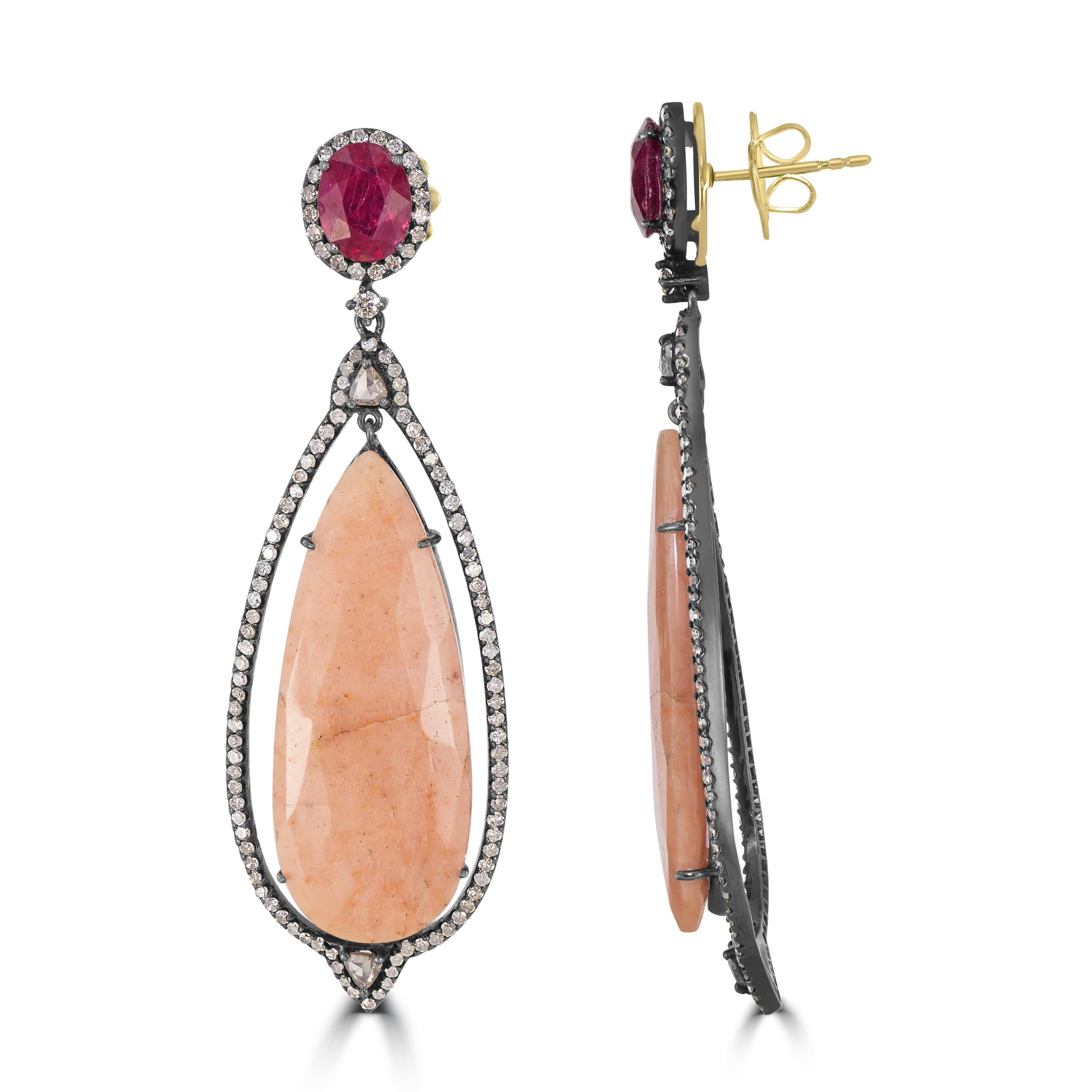 Pear Cut Victorian.46.67 Cttw. Agate, Ruby and Diamond Marquise Drop Dangle Earrings  For Sale