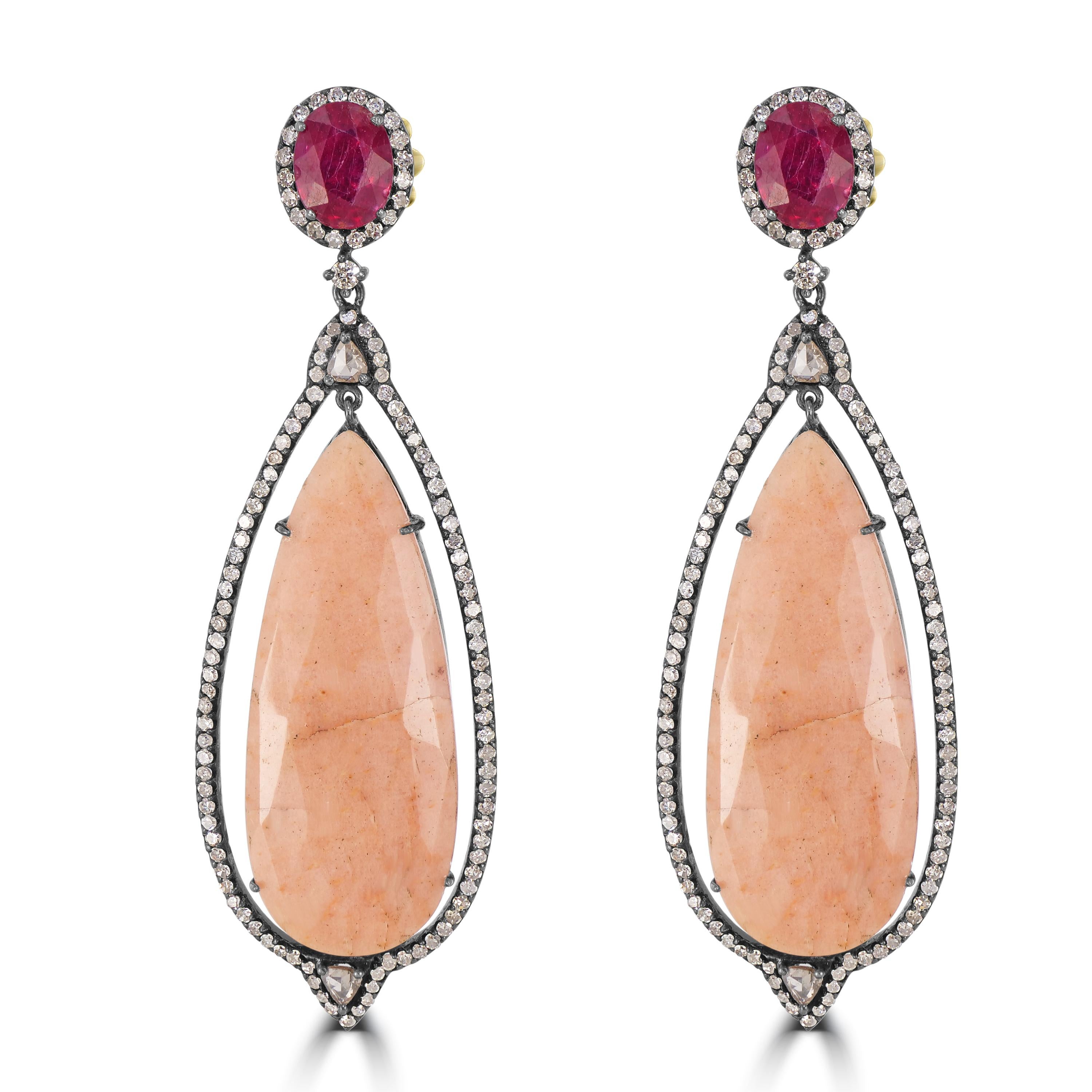 Victorian.46.67 Cttw. Agate, Ruby and Diamond Marquise Drop Dangle Earrings  In New Condition For Sale In New York, NY