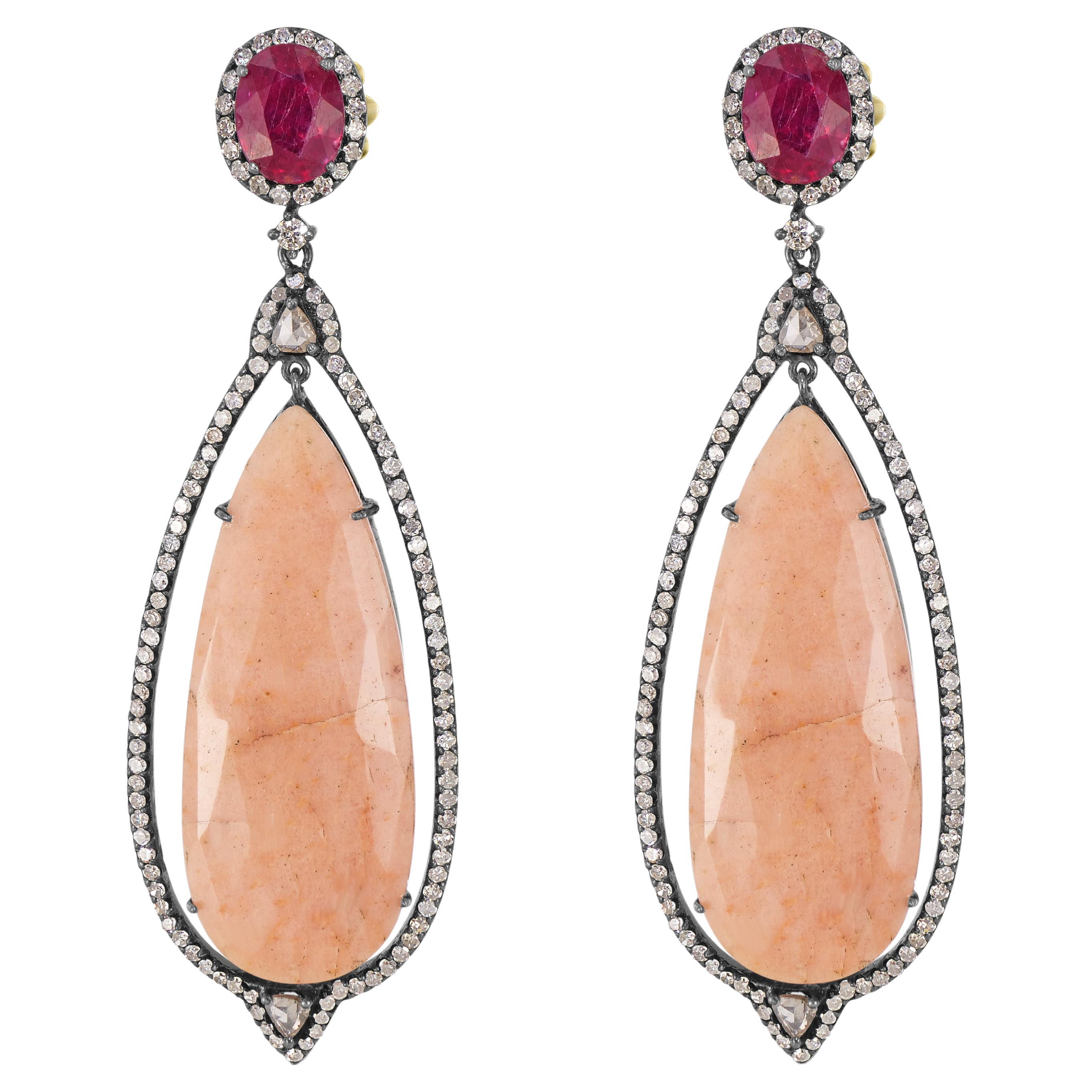 Victorian.46.67 Cttw. Agate, Ruby and Diamond Marquise Drop Dangle Earrings  For Sale