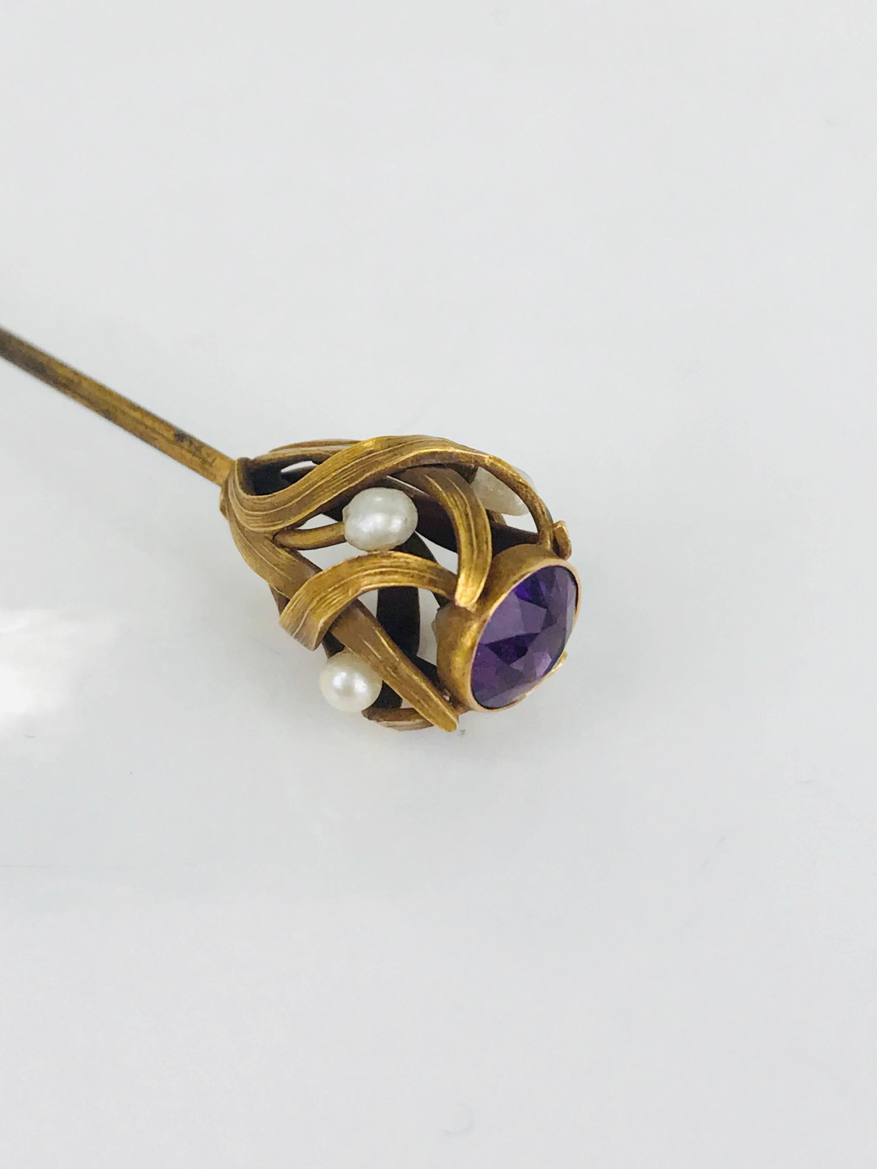 Victorian, 14 Karat, Old Mine-Cut Amethyst and Seed Pearl Hat Pin, circa 1840 For Sale 5