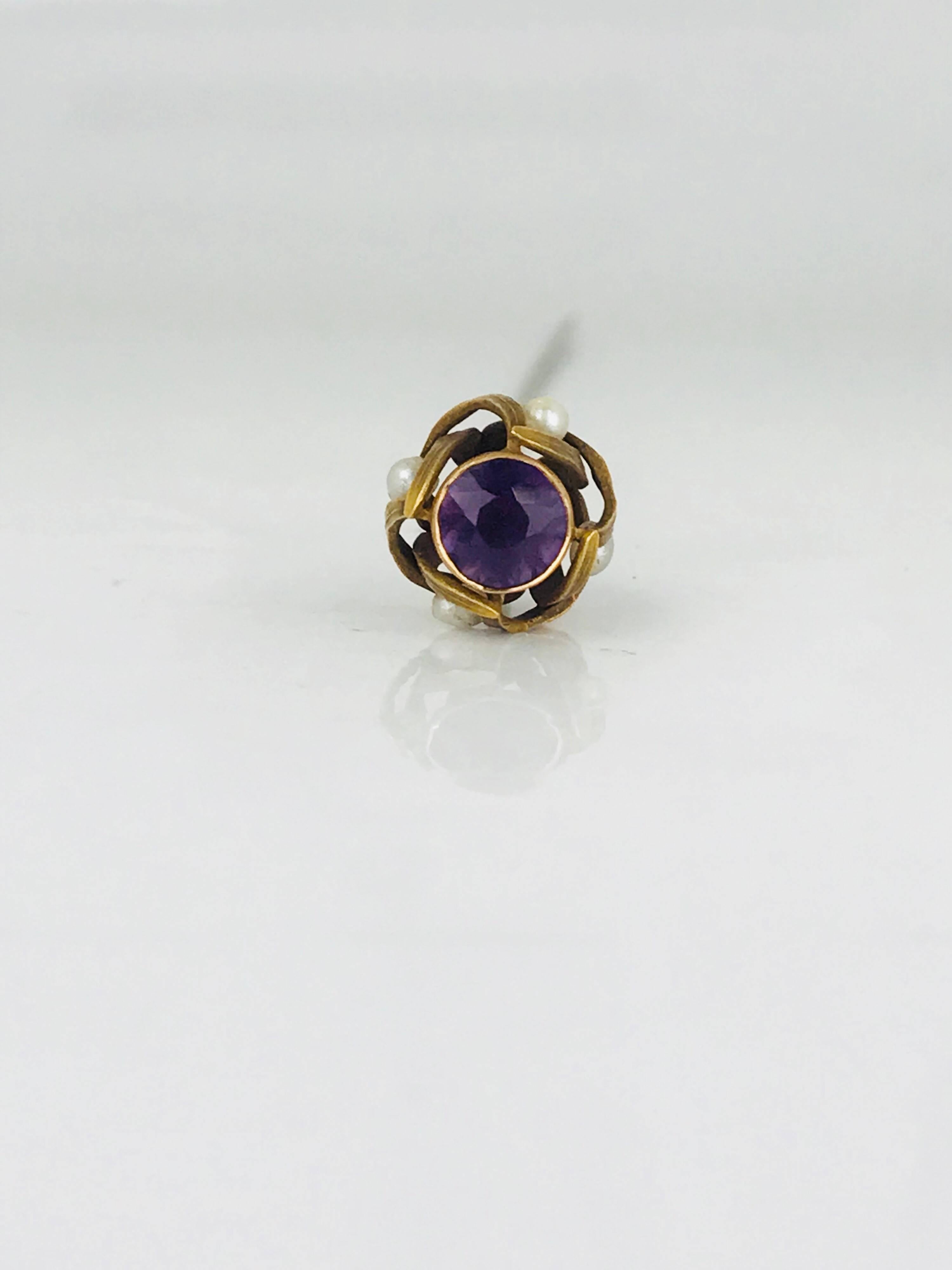 Old Mine Cut Victorian, 14 Karat, Old Mine-Cut Amethyst and Seed Pearl Hat Pin, circa 1840 For Sale