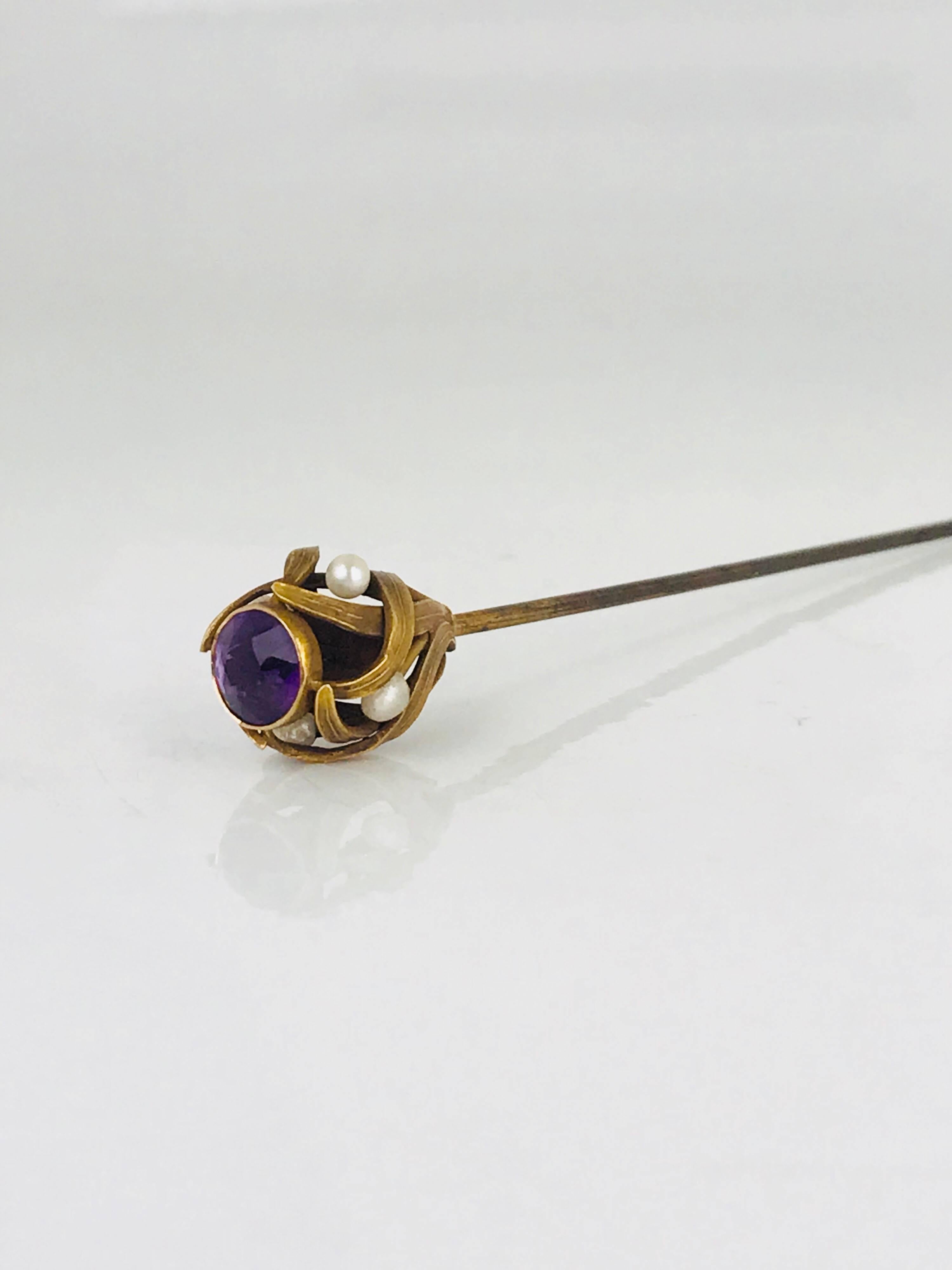 Women's or Men's Victorian, 14 Karat, Old Mine-Cut Amethyst and Seed Pearl Hat Pin, circa 1840 For Sale