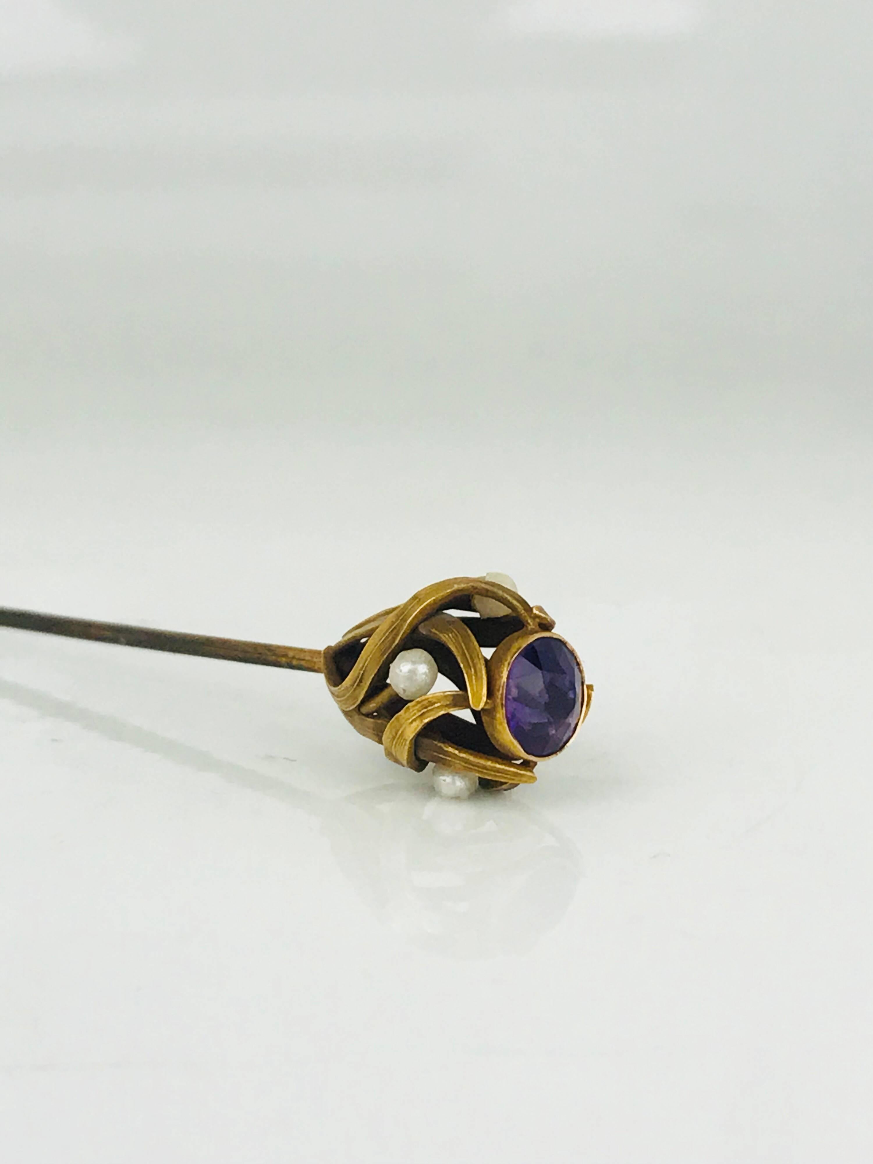 Victorian, 14 Karat, Old Mine-Cut Amethyst and Seed Pearl Hat Pin, circa 1840 For Sale 1