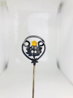 Victorian, Hat Pin, Sterling Silver, Leaf Motif with Golden Torch, circa 1850