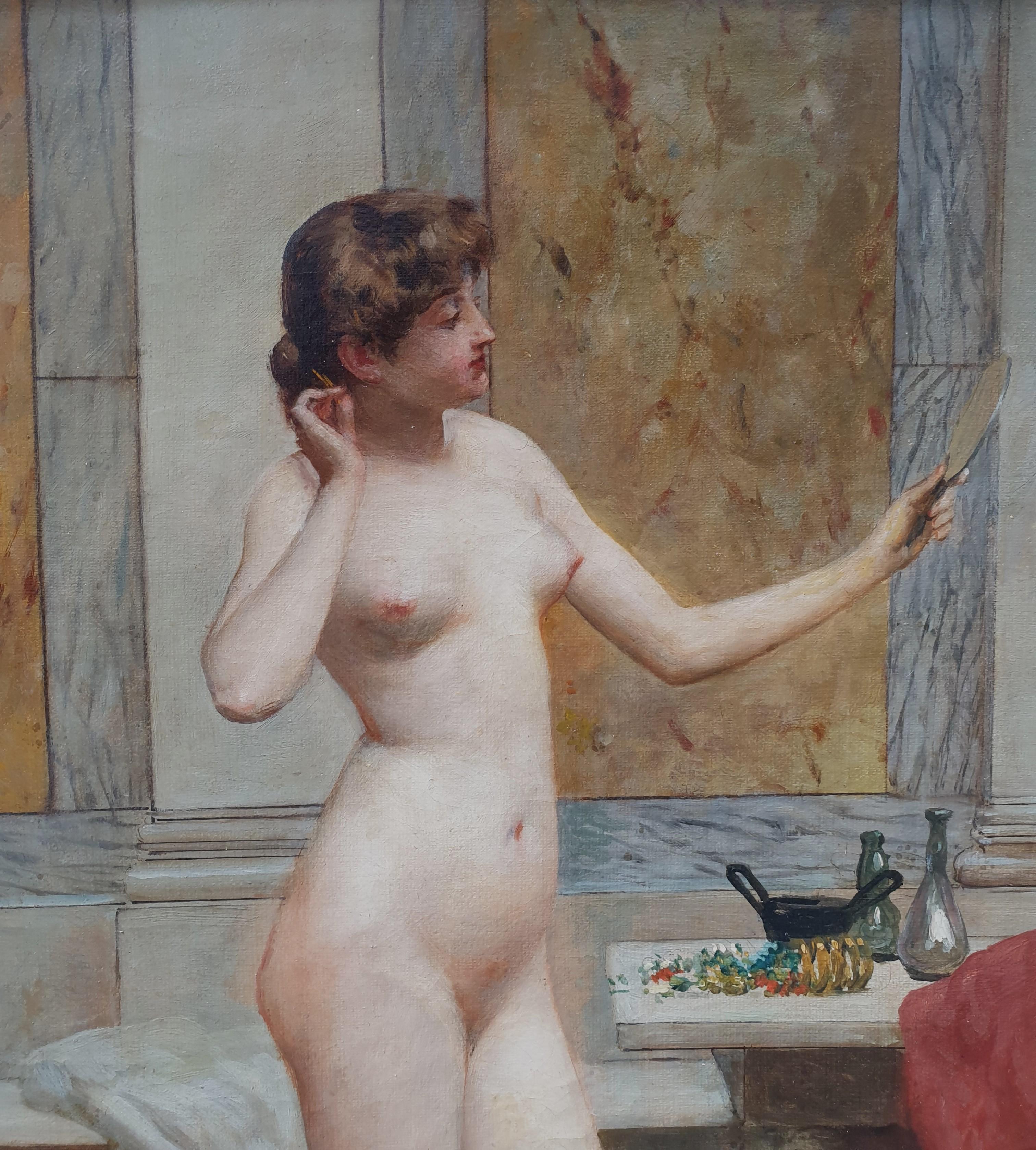 CODINA Y LANGLIN Odalisque Woman nude in a bathroom Spanish school 19th  - Painting by Victoriano Codina y Langlin