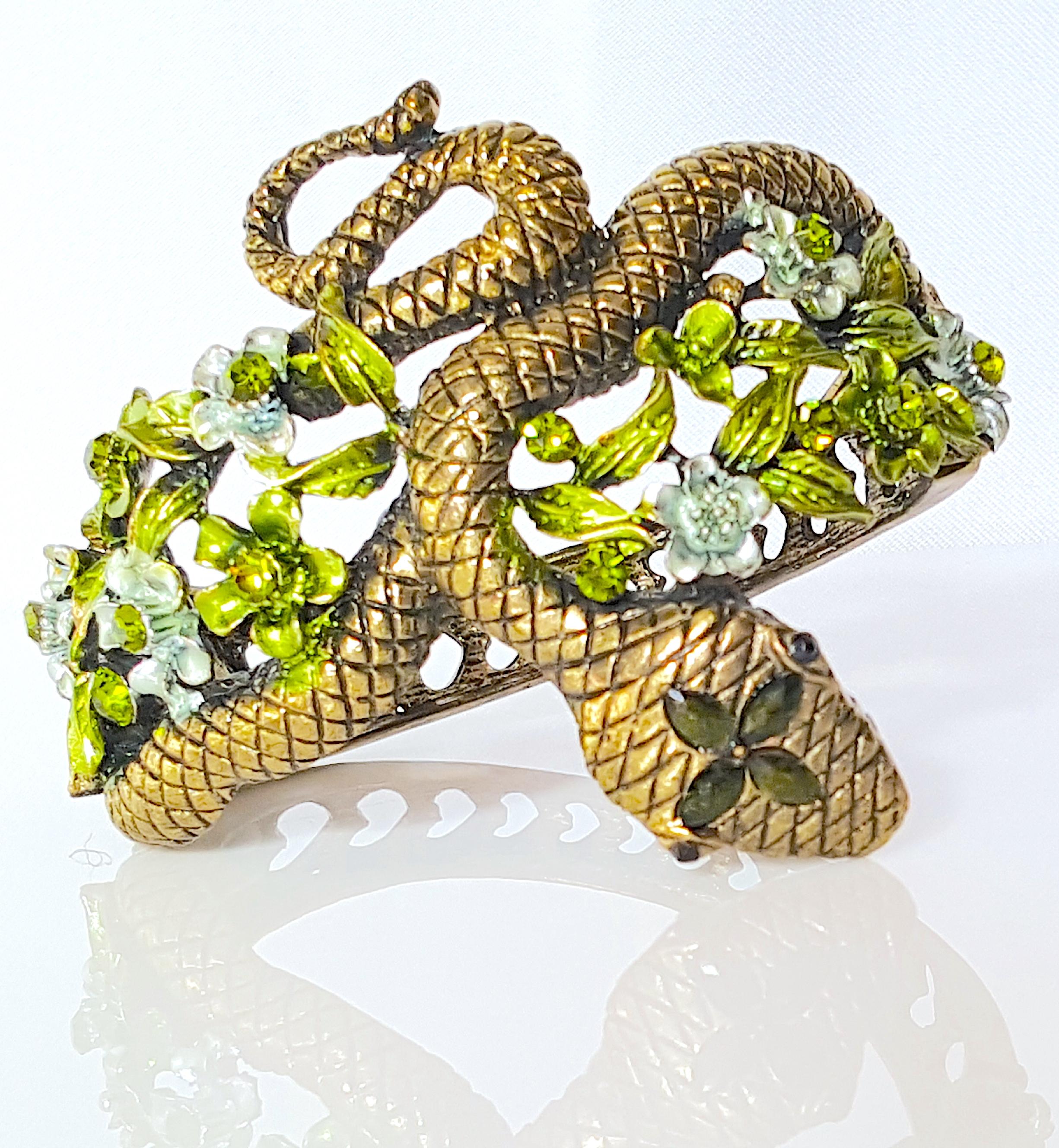 Victorian HAR SerpentSnake 1950s Enameled Floral Crystal FiligreeHearts Clamper Bracelet For Sale