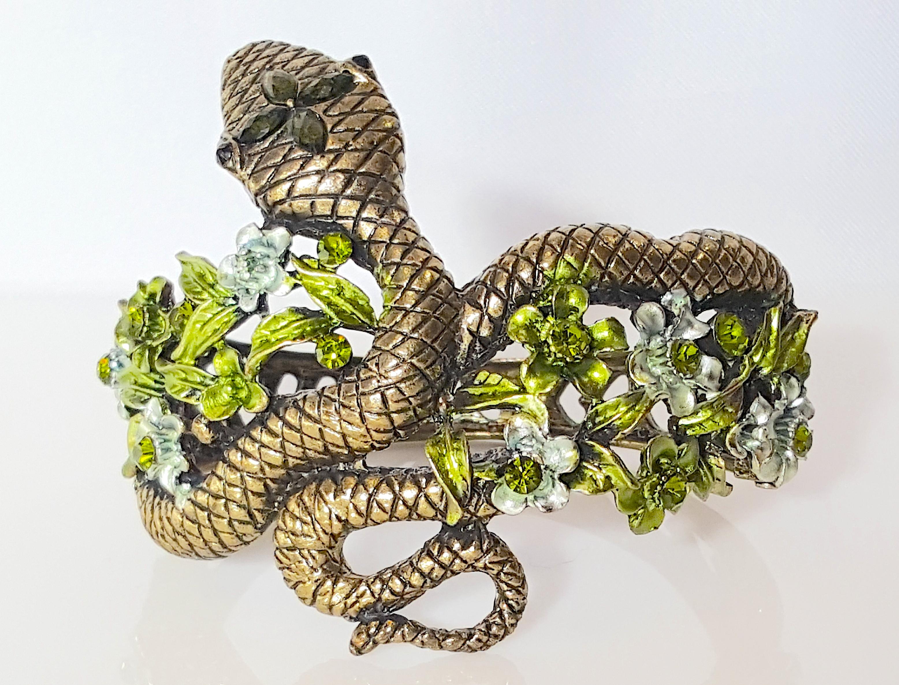 Mixed Cut HAR SerpentSnake 1950s Enameled Floral Crystal FiligreeHearts Clamper Bracelet For Sale
