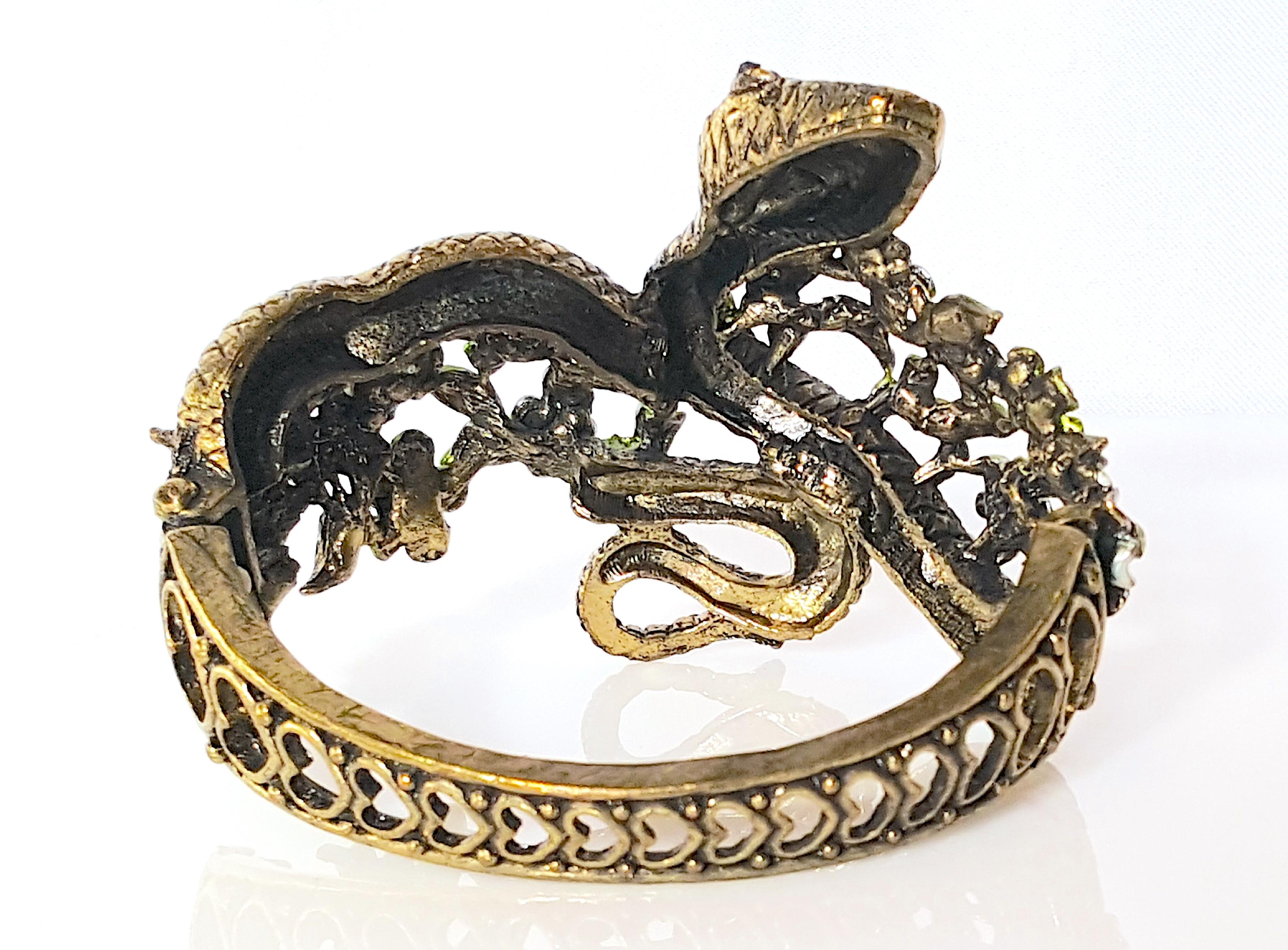 HAR SerpentSnake 1950s Enameled Floral Crystal FiligreeHearts Clamper Bracelet In Good Condition For Sale In Chicago, IL