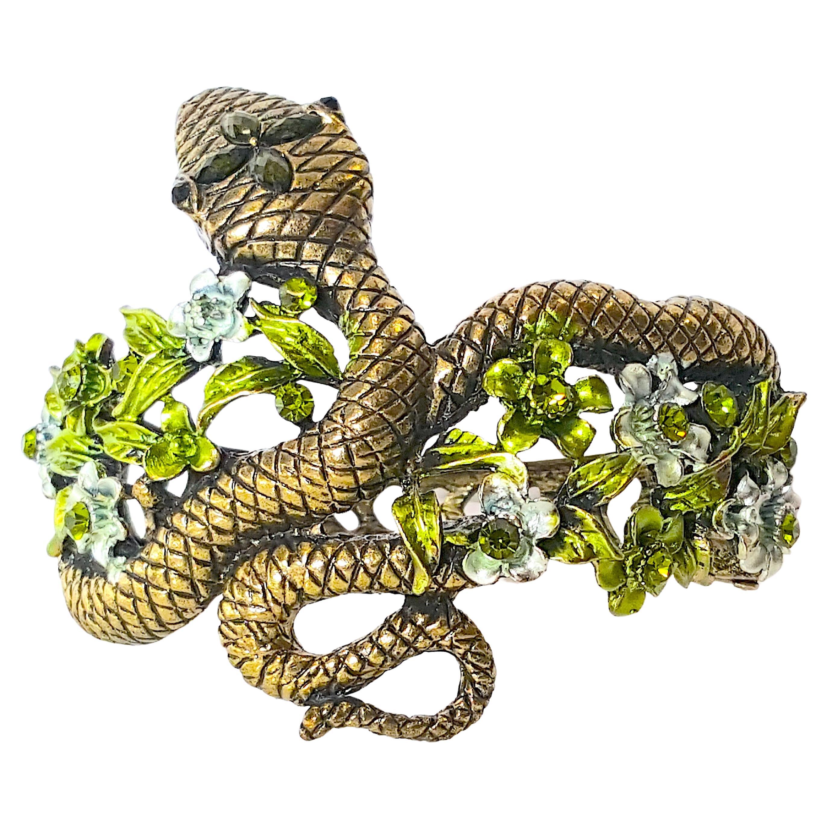 Women's or Men's HAR SerpentSnake 1950s Enameled Floral Crystal FiligreeHearts Clamper Bracelet For Sale