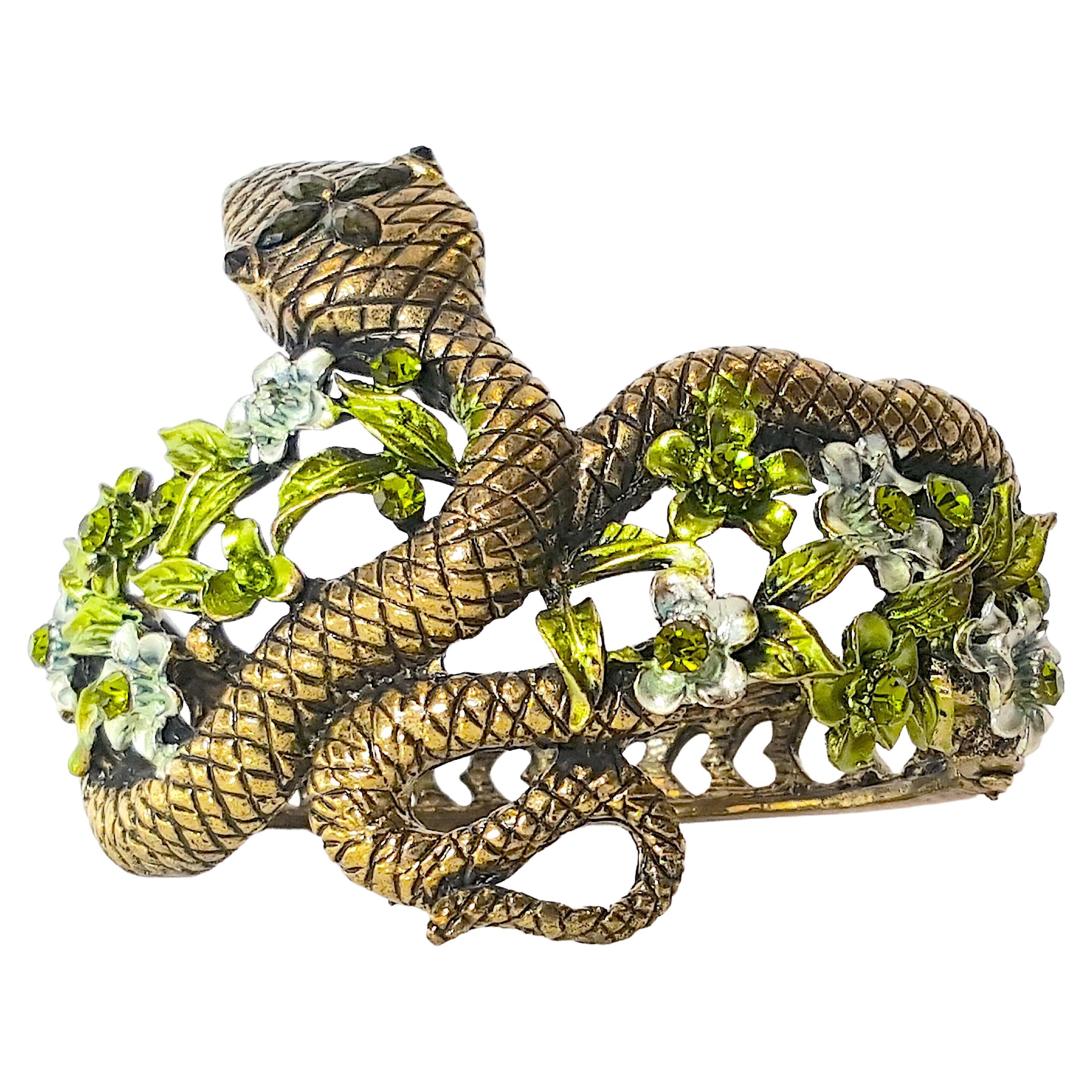HAR SerpentSnake 1950s Enameled Floral Crystal FiligreeHearts Clamper Bracelet