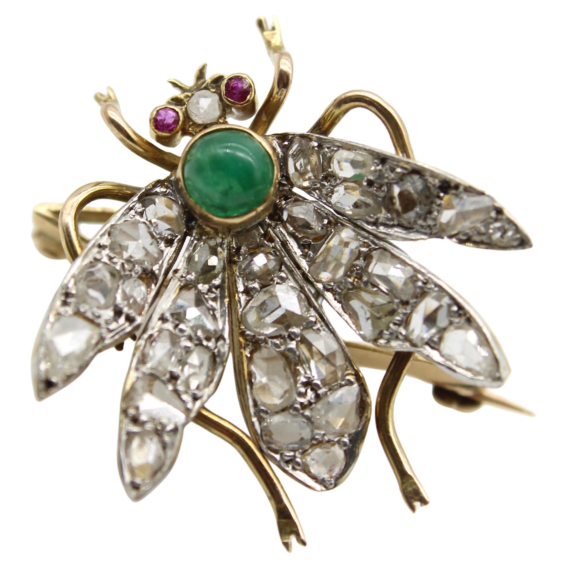 VictorianVictorian 14K Gold Rose Cut Diamond Winged “En Tremblant” Insect Brooch