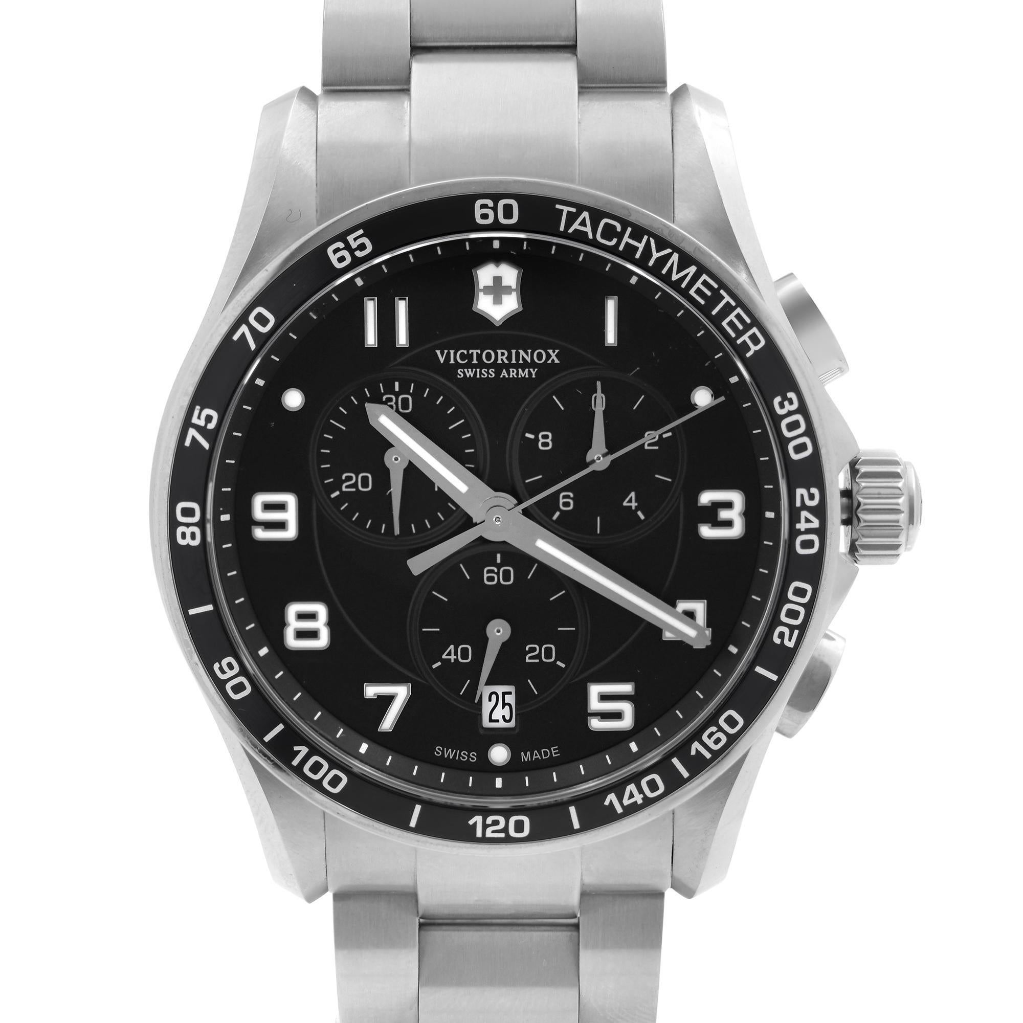 Display Model Victorinox Chrono Classic XLS Stainless Steel Black Dial Men Quartz Watch 241650. This Beautiful Timepiece is Powered by Quartz (Battery) Movement And Features: Round Stainless Steel Case & Bracelet, Fixed Stainless Steel Bezel with a